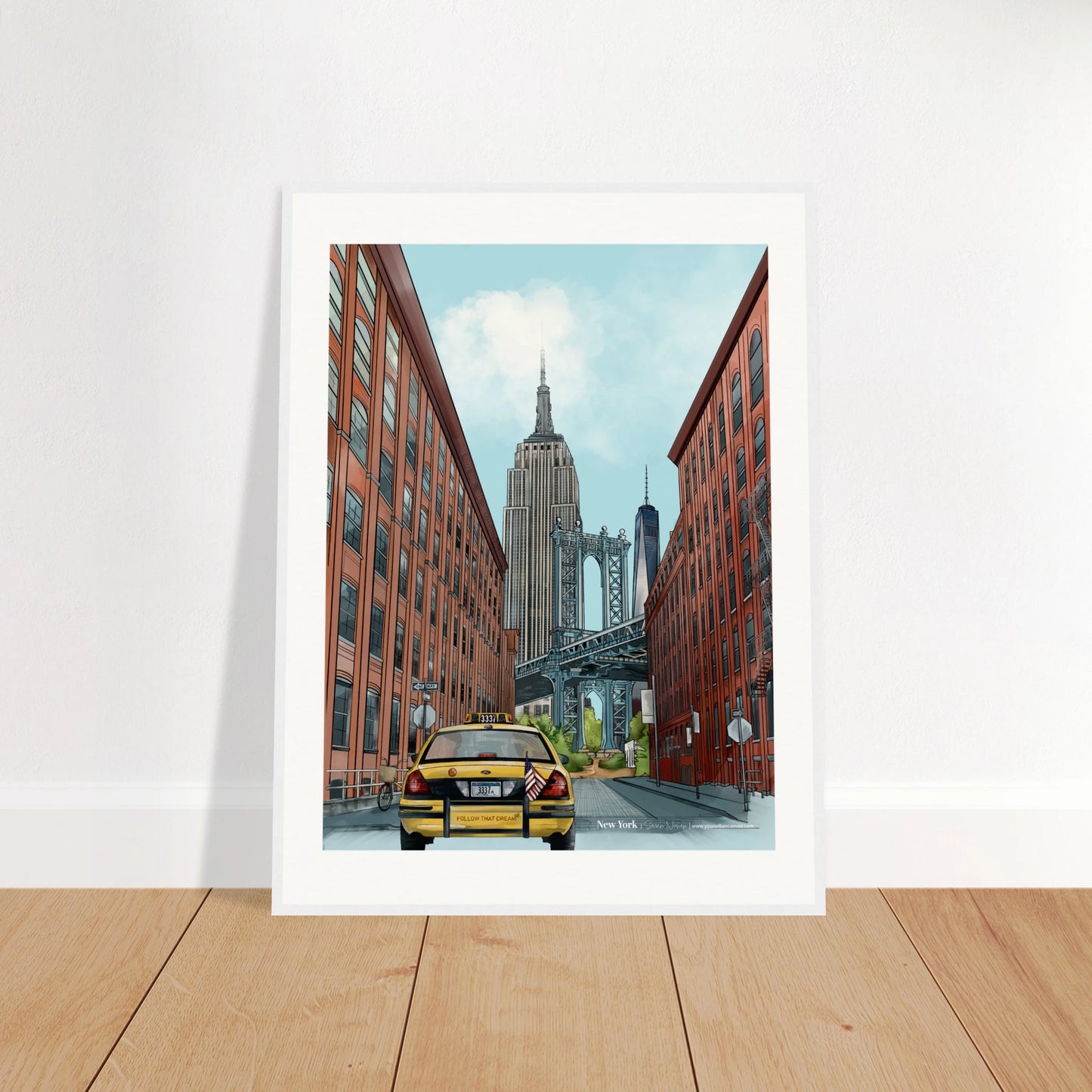 New York - Subtle Title print, size 60x80cm, framed in white, highlighting a delicate and balanced composition of the city's most iconic landmarks.