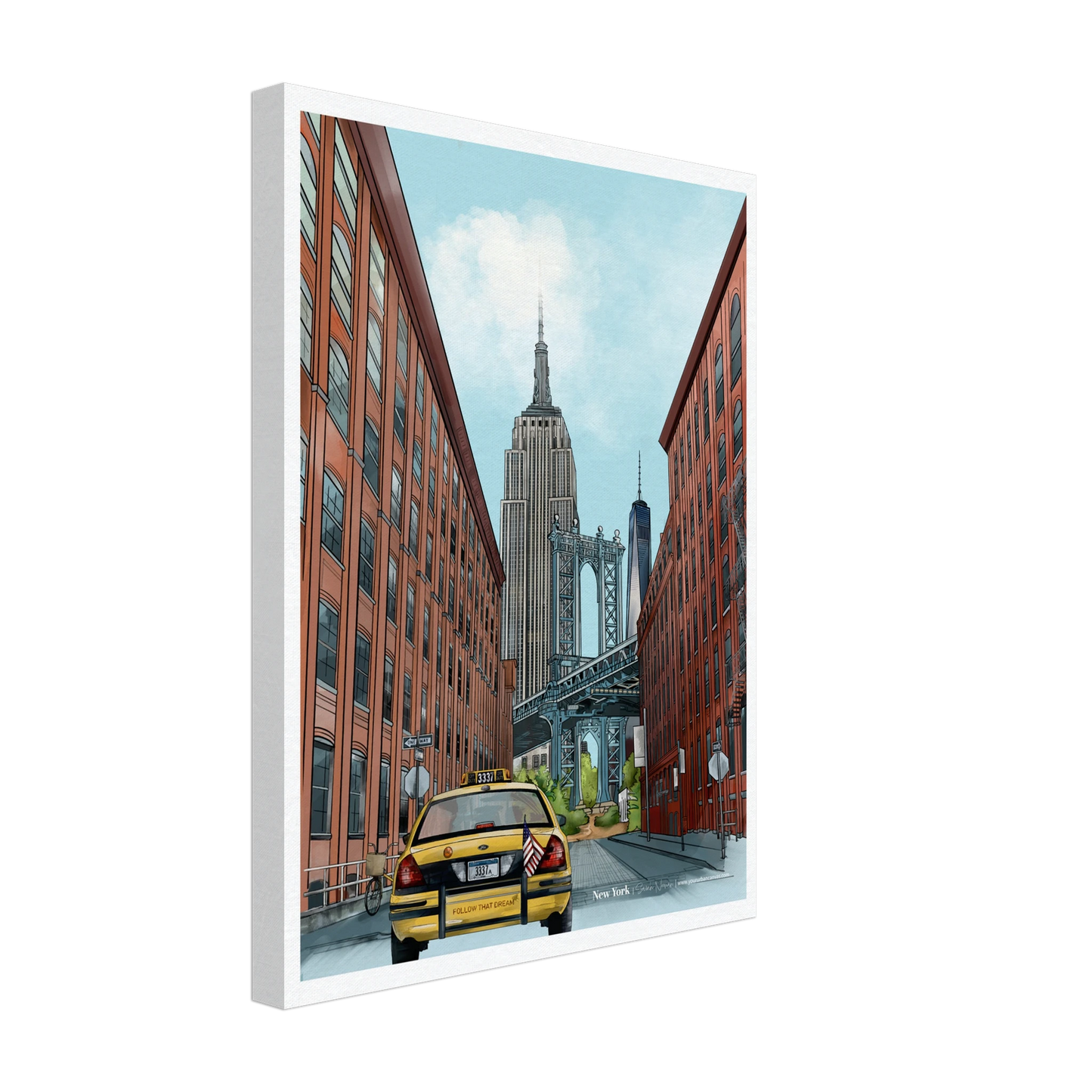 New York - Subtle Title print, size 30x40cm, on canvas, depicting the bustling streets of New York with the Empire State Building, yellow cab, and Dumbo Manhattan Bridge.
