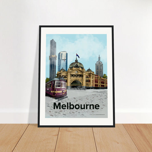 Melbourne - Bold Typography print, size 45x60cm, framed in black wood, featuring the City Circle Tram alongside Flinders Street Station and Australia 108.