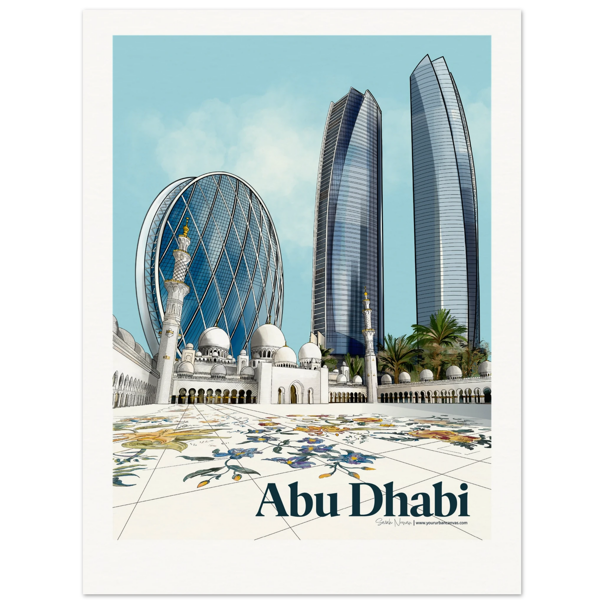 Abu Dhabi - Elegant Bold Typography cityscape print, showcasing  Sheikh Zayed Mosque, Aldar HQ, Etihad Towers. Very detailed architectural features. Bright vibrant colours.