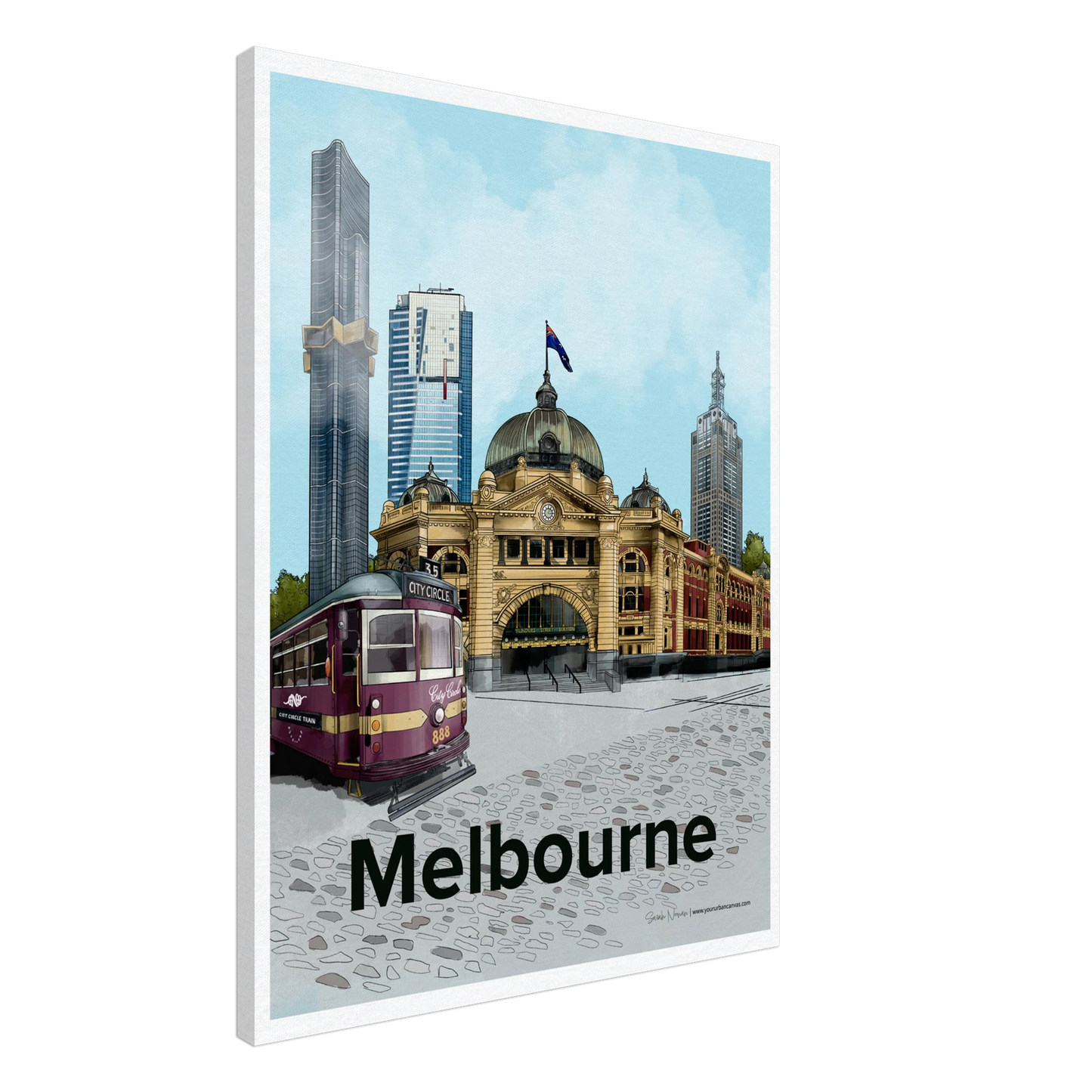 Melbourne - Bold Typography canvas, size 45x60cm, depicting Melbourne's urban energy with the City Circle Tram, Flinders Street Station, and modern high-rises.