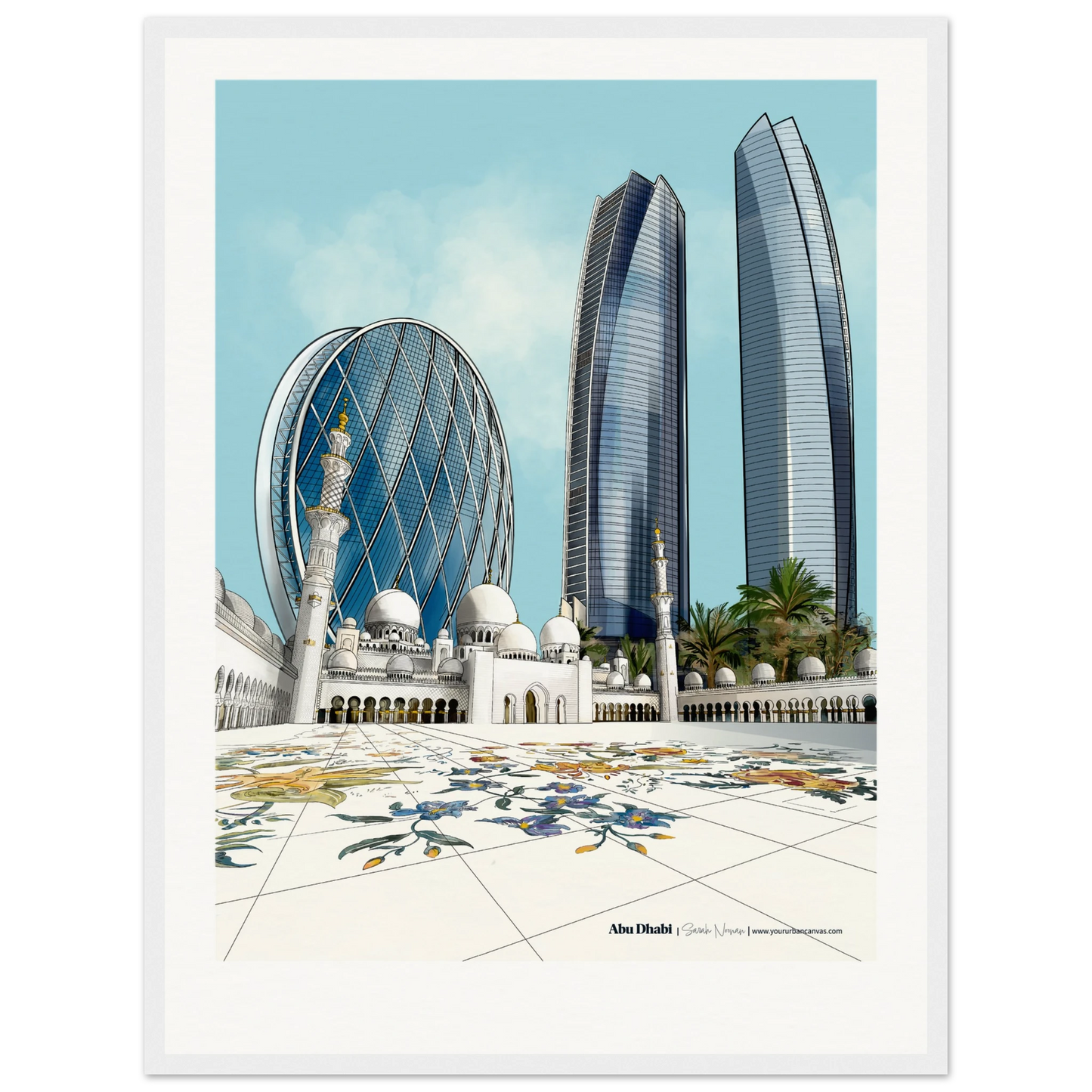 Abu Dhabi - Personalise this Elegant Subtle Typography city print, 45x60cm with white frame - featuring Sheikh Zayed Grand Mosque, Aldar HQ, and Etihad Towers - wall art by Your Urban Canvas