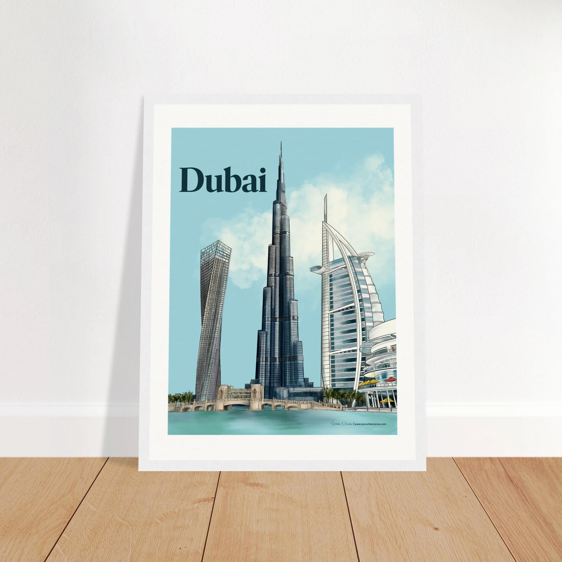 Dubai - Bold Typography city print, 30x40cm with white frame - highlighting Burj Khalifa, Burj Al Arab, Cayan Tower, and Dubai Mall with vibrant colours and architectural contrast.