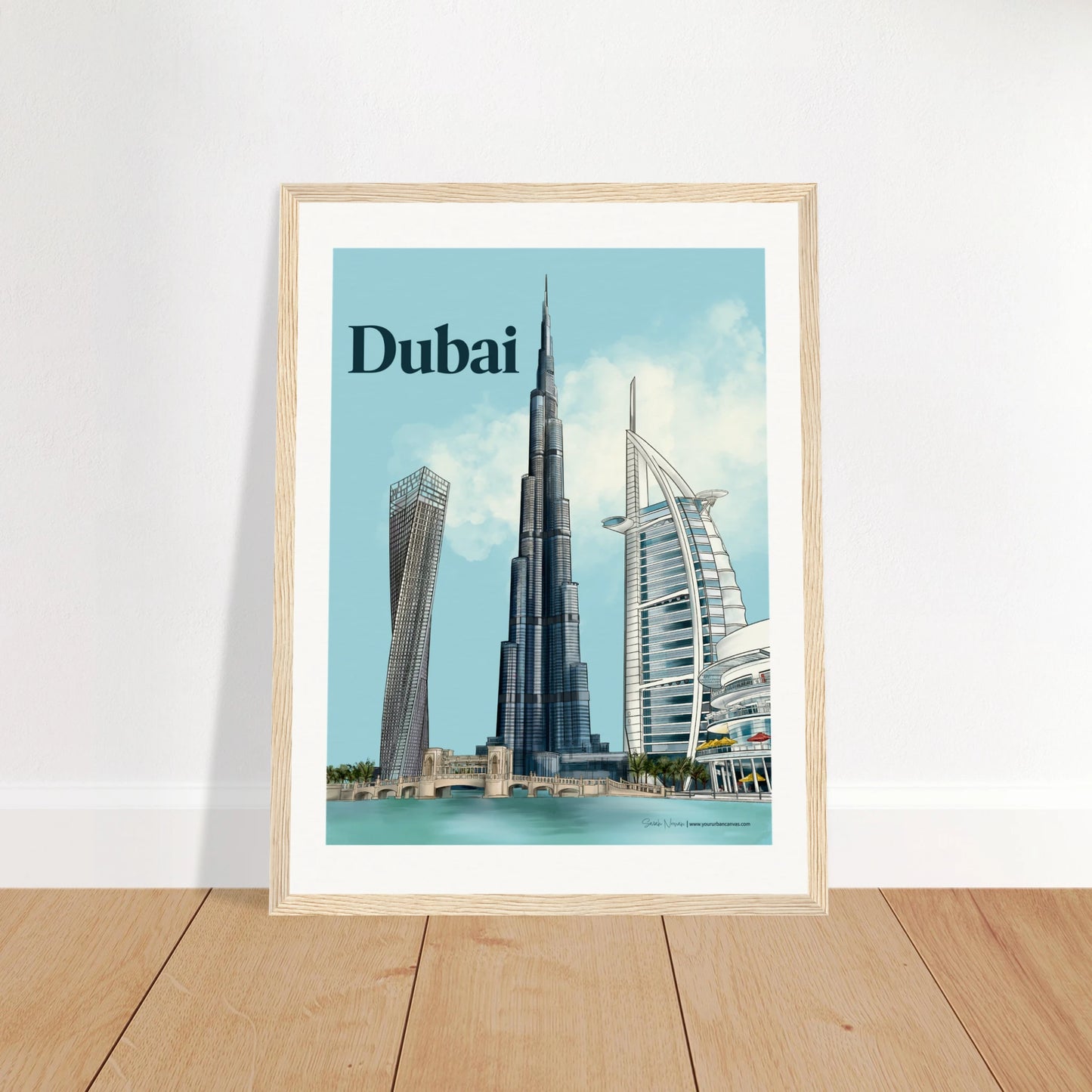 Dubai - Bold Typography city print, 30x40cm with natural wood frame - vibrant depiction of Burj Khalifa, Burj Al Arab, Cayan Tower, and Dubai Mall. Adds warmth and bold elegance to any wall.