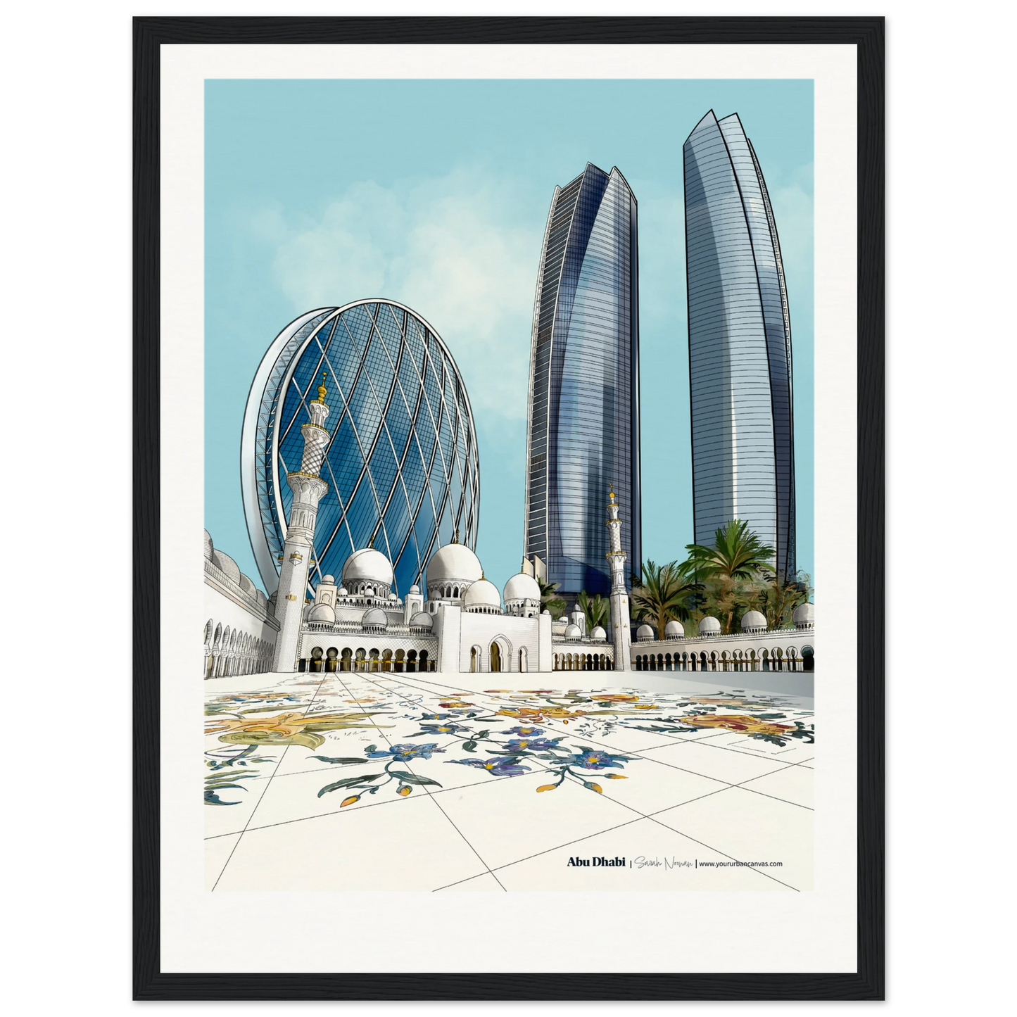 Abu Dhabi - Add your personalised message to this elegant Subtle Titled city print, 30x40cm with black frame -Sheikh Zayed Mosque, Aldar HQ, and Etihad Towers - skyline wall art by Your Urban Canvas