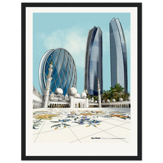 Abu Dhabi - Add your personalised message to this elegant Subtle Titled city print, 30x40cm with black frame -Sheikh Zayed Mosque, Aldar HQ, and Etihad Towers - skyline wall art by Your Urban Canvas