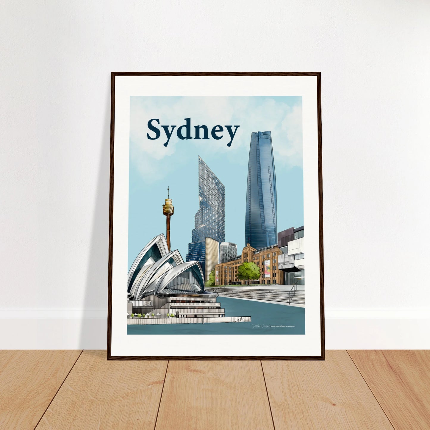 Sydney - Bold Typography print, size 60x80cm, framed in dark wood, featuring Sydney's iconic Harbour with the Opera House, MCA, and modern architecture.