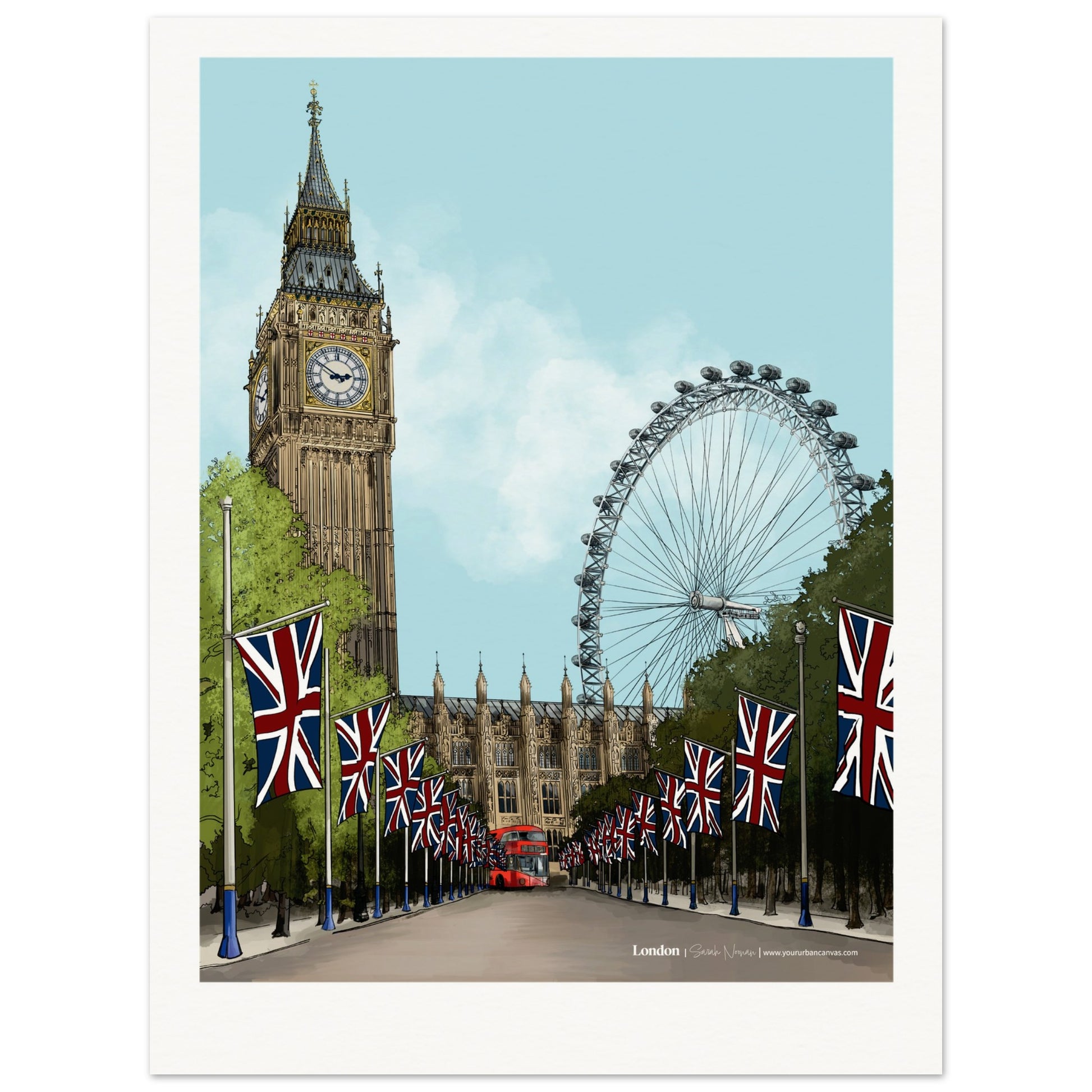 London - Personalised Subtle Title print, showcasing the intricate details of  Big Ben, the London Eye,  and the tree-lined mall leading to the infamous London red bus, customised with your chosen name or message.