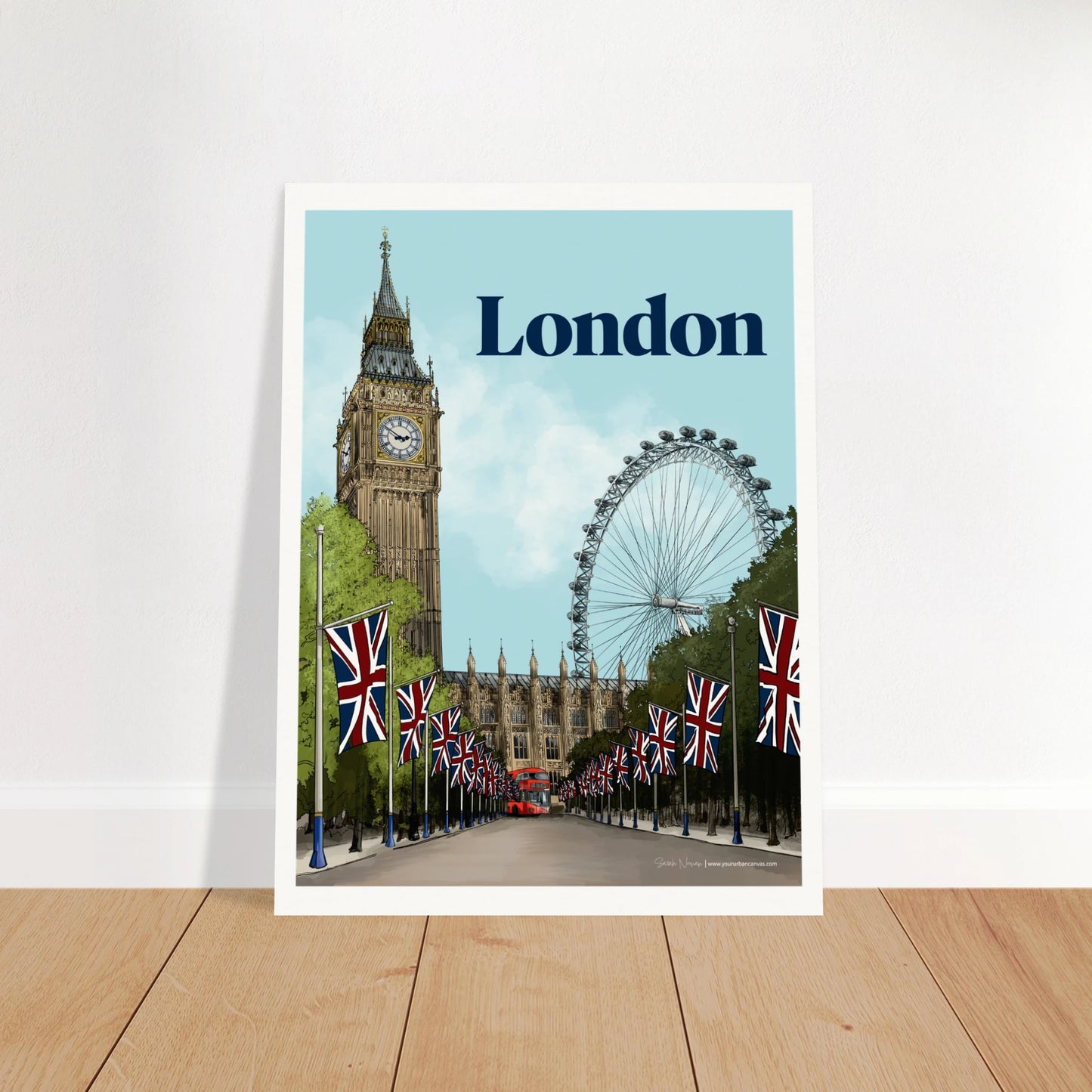 London - Bold Typography print showcasing large, bold typography in a detailed and vivid design, with elements of Big Ben and Westminster.