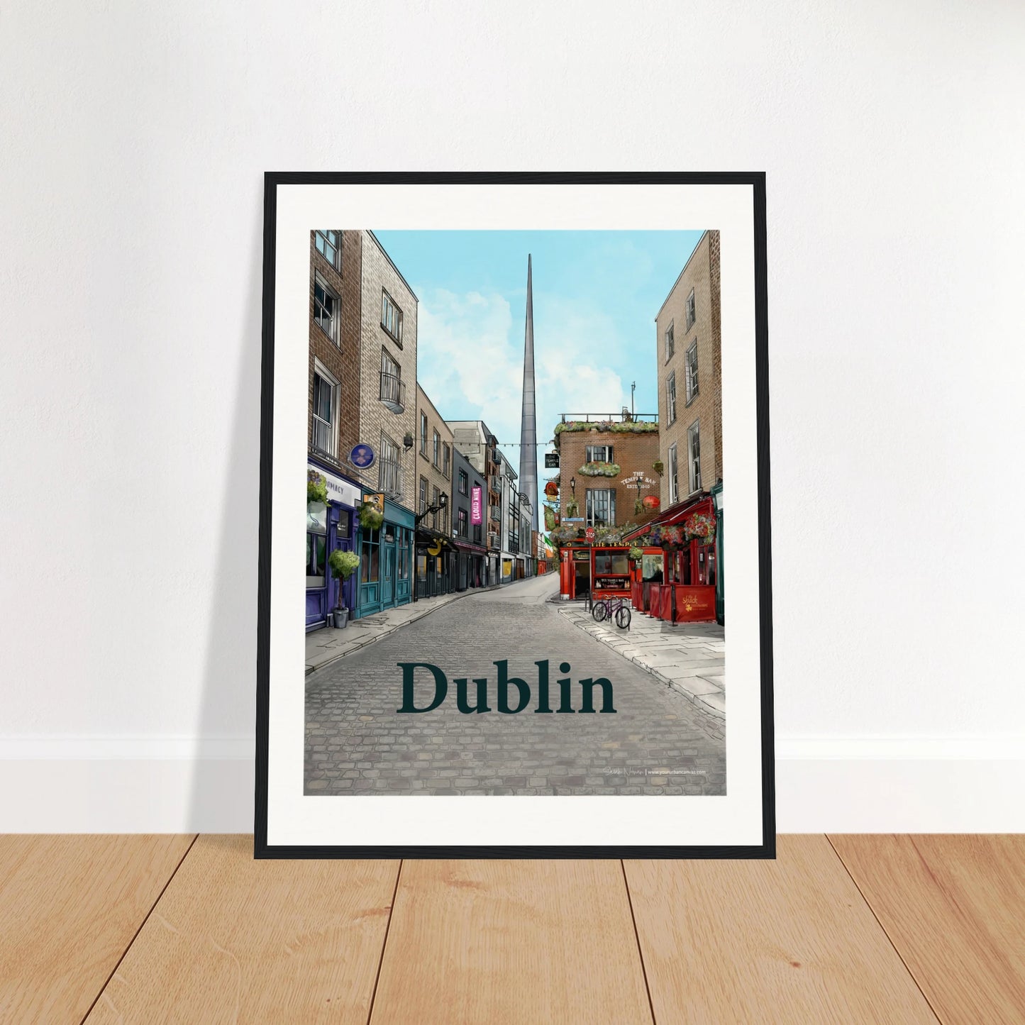 Dublin - Bold Typography print, size 45x60cm, framed in black wood, featuring Temple Bar's charming streets, traditional architecture, and The Temple Bar Inn with The Spire visible in the background.