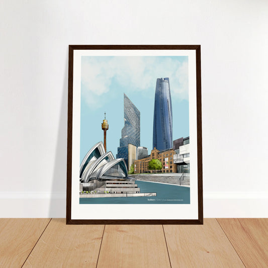 Sydney - 30x40cm, framed in dark wood, showcasing the Sydney Opera House, MCA, and Sydney Harbour skyline with One Barangaroo, Quay Quarter Tower, and Sydney Tower Eye.