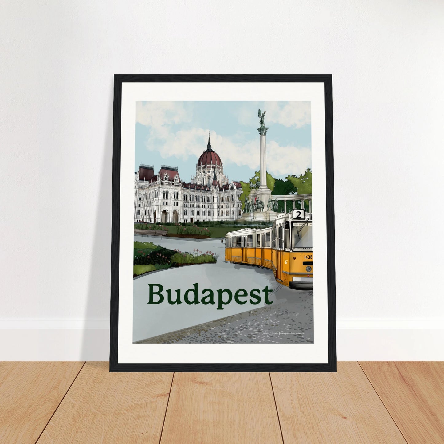 Budapest - Bold Typography print, size 30x40cm, framed in black wood, featuring striking typography and art representing the enchanting "Pearl of the Danube," renowned for its stunning architecture and landmarks.