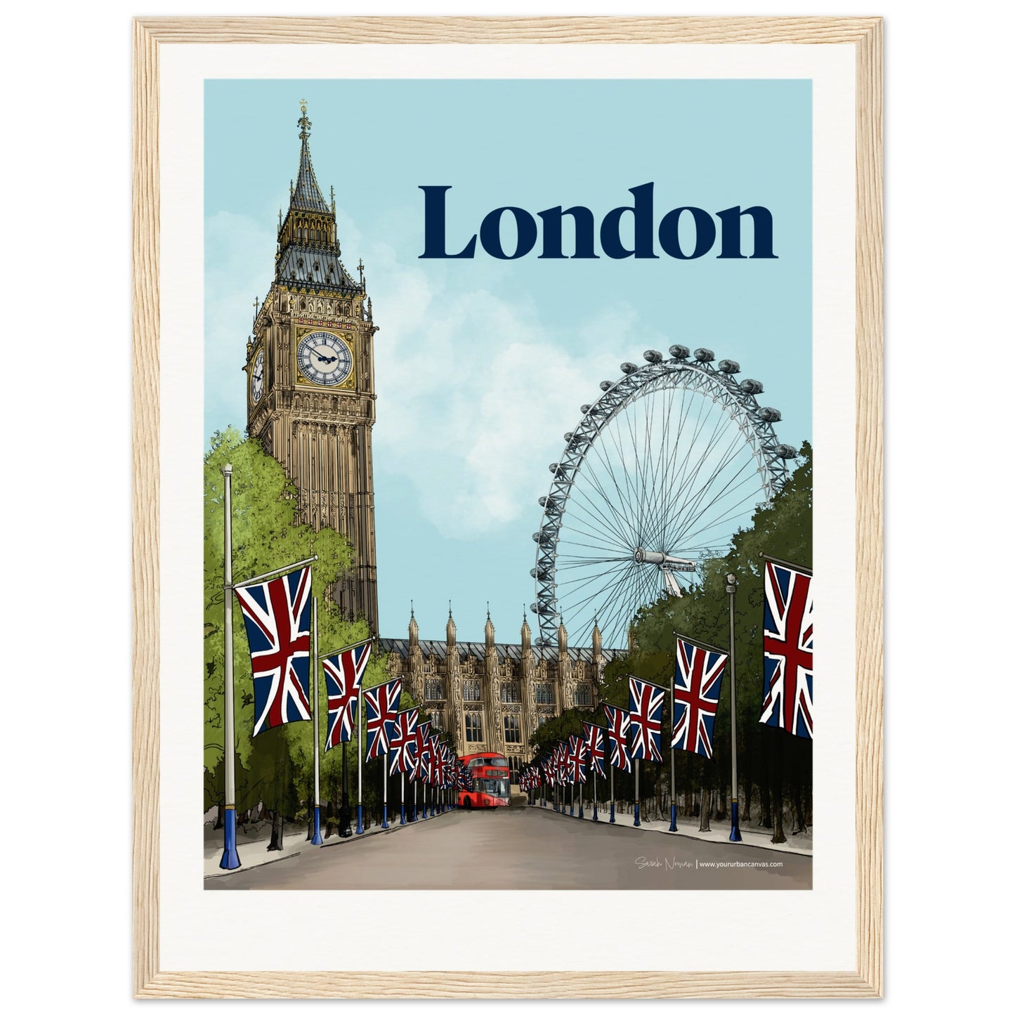 London - Personalised Bold Typography print, size 30x40cm, framed in natural wood, combining warmth and individuality in a timeless London skyline.