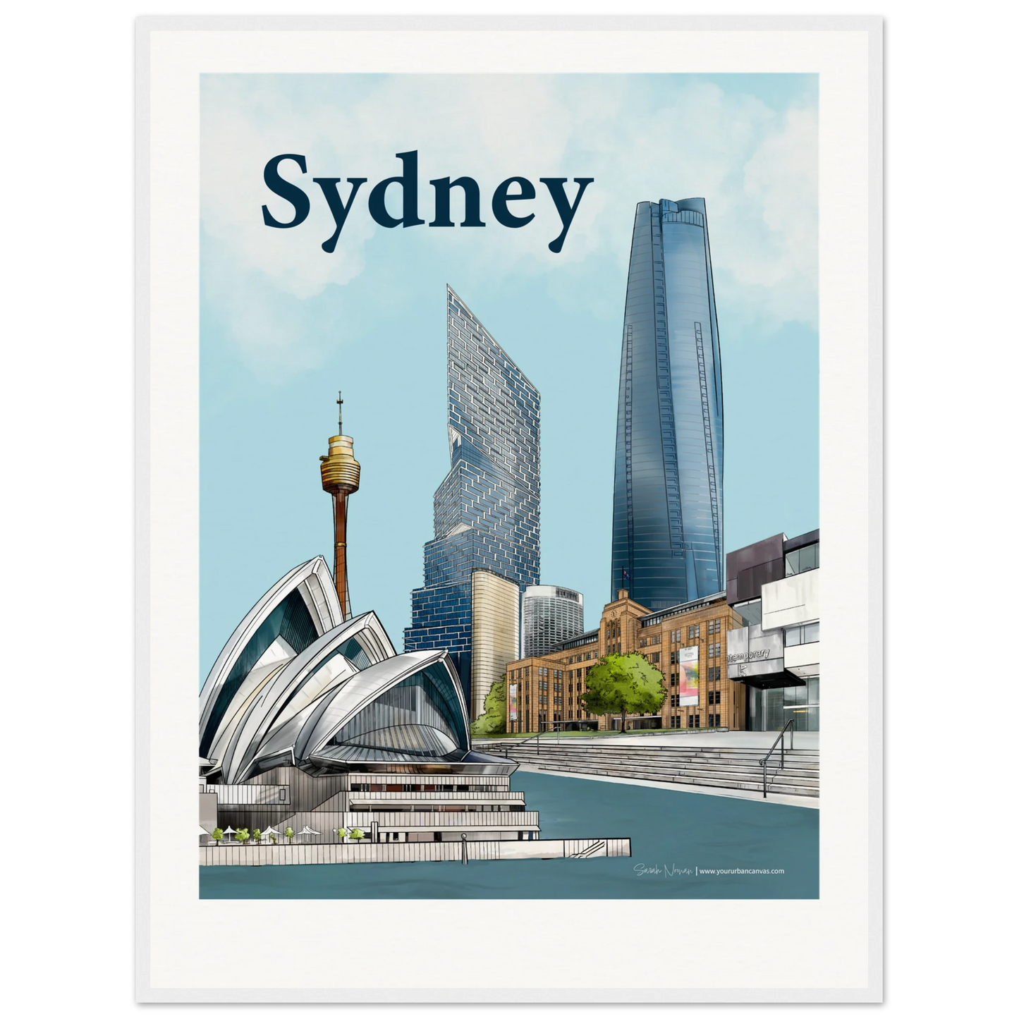 Customise Your Sydney - Bold Typography print, size 60x80cm, framed in white wood, highlighting the dynamic Sydney skyline with the Opera House, MCA, and Harbour.