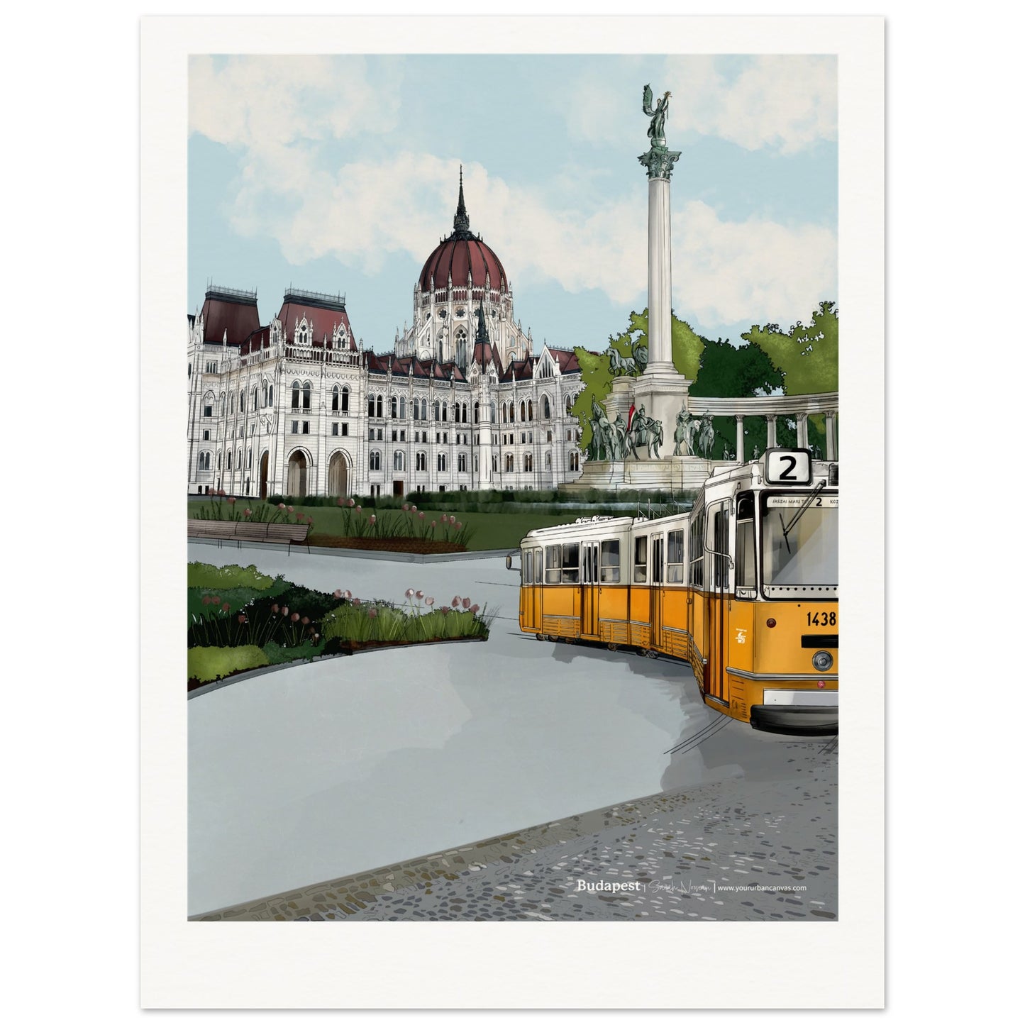 Budapest - Personalised Subtle Title print, presenting a refined cityscape of Budapest, with the Parliament Building, Heroes' Square statues, and Danube River, customised with a personal touch.