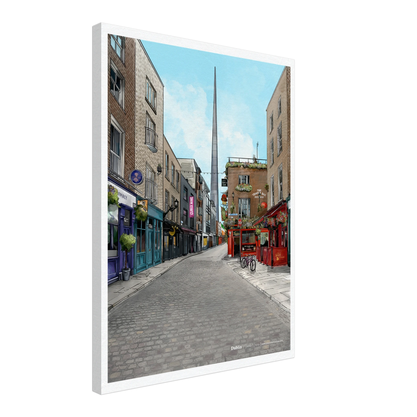 Dublin - Subtle Title print, size 45x60cm, on canvas, featuring the famous cobbled streets of Temple Bar, the Temple Bar Inn, and the Spire.