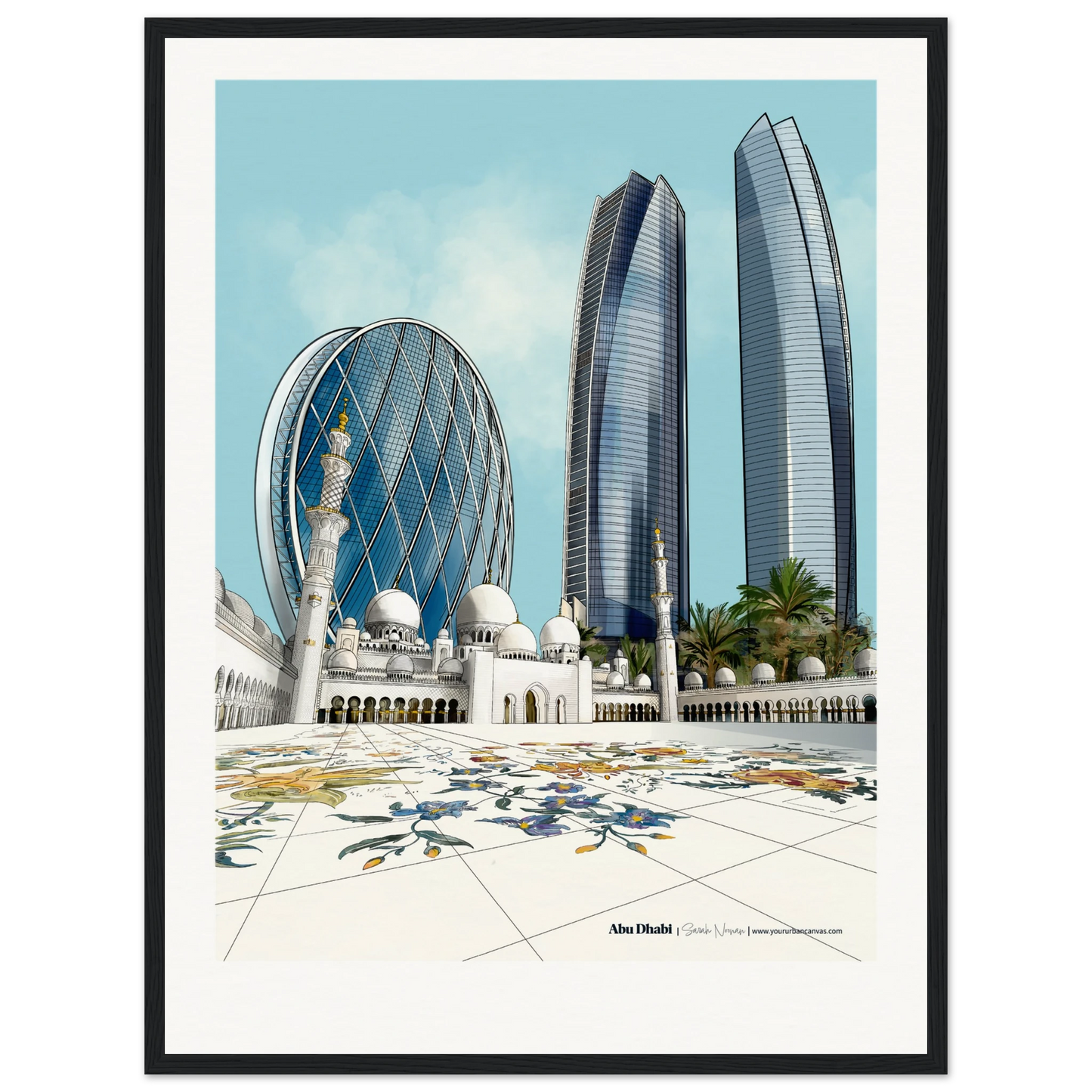 Abu Dhabi - Custom print - Elegant Subtle Titled city print, 45x60cm with black frame - Sheikh Zayed Mosque, Aldar HQ, and Etihad Towers - skyline wall art by Your Urban Canvas