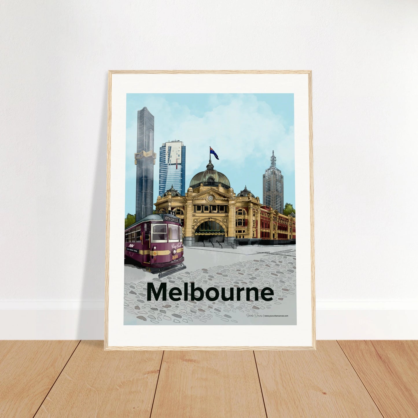 Melbourne - Bold Typography print, size 60x80cm, framed in natural wood, showcasing a mix of classic and contemporary Melbourne city landmarks.