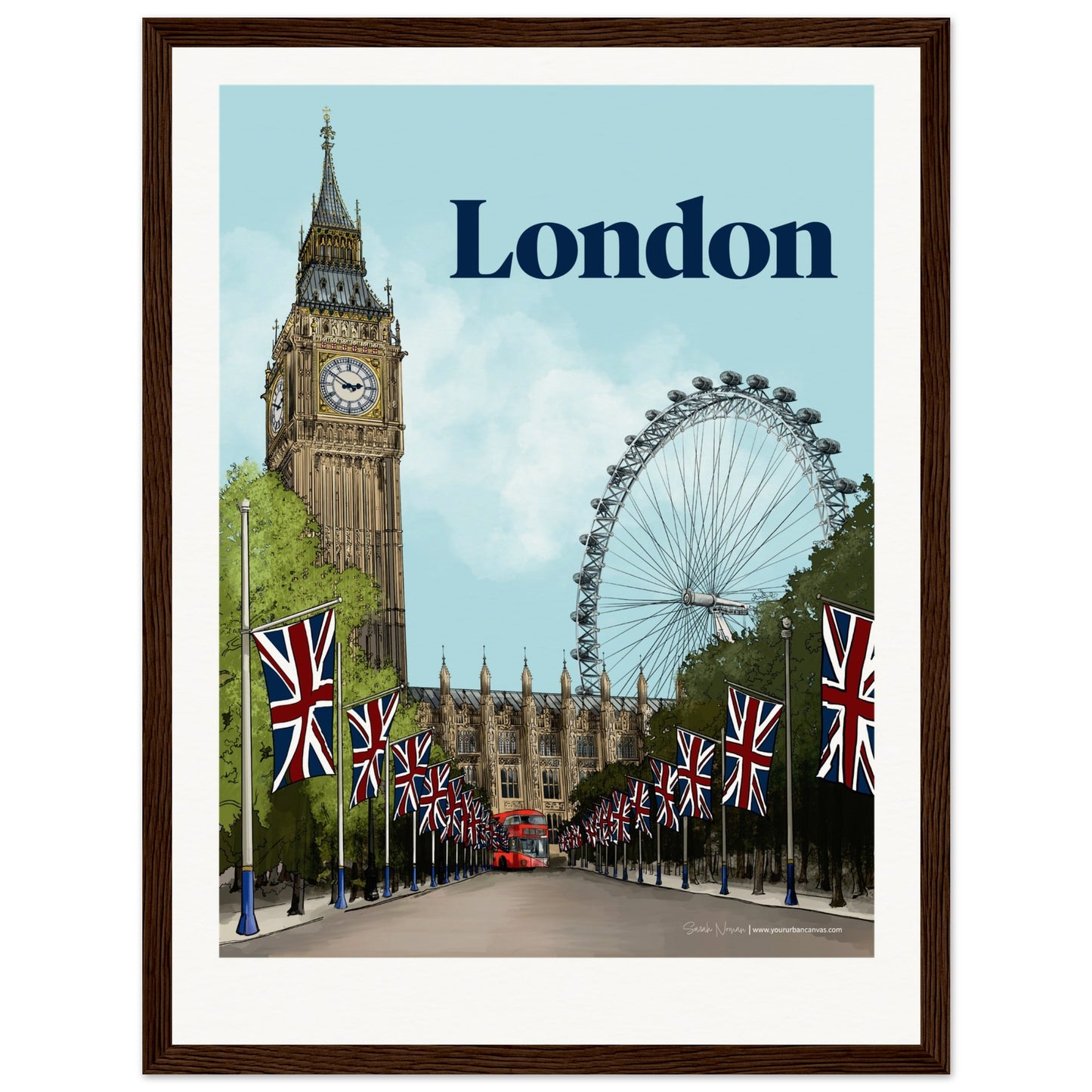 London - Personalised Bold Typography print, size 30x40cm, framed in dark wood, adding a refined touch to your bespoke London cityscape.