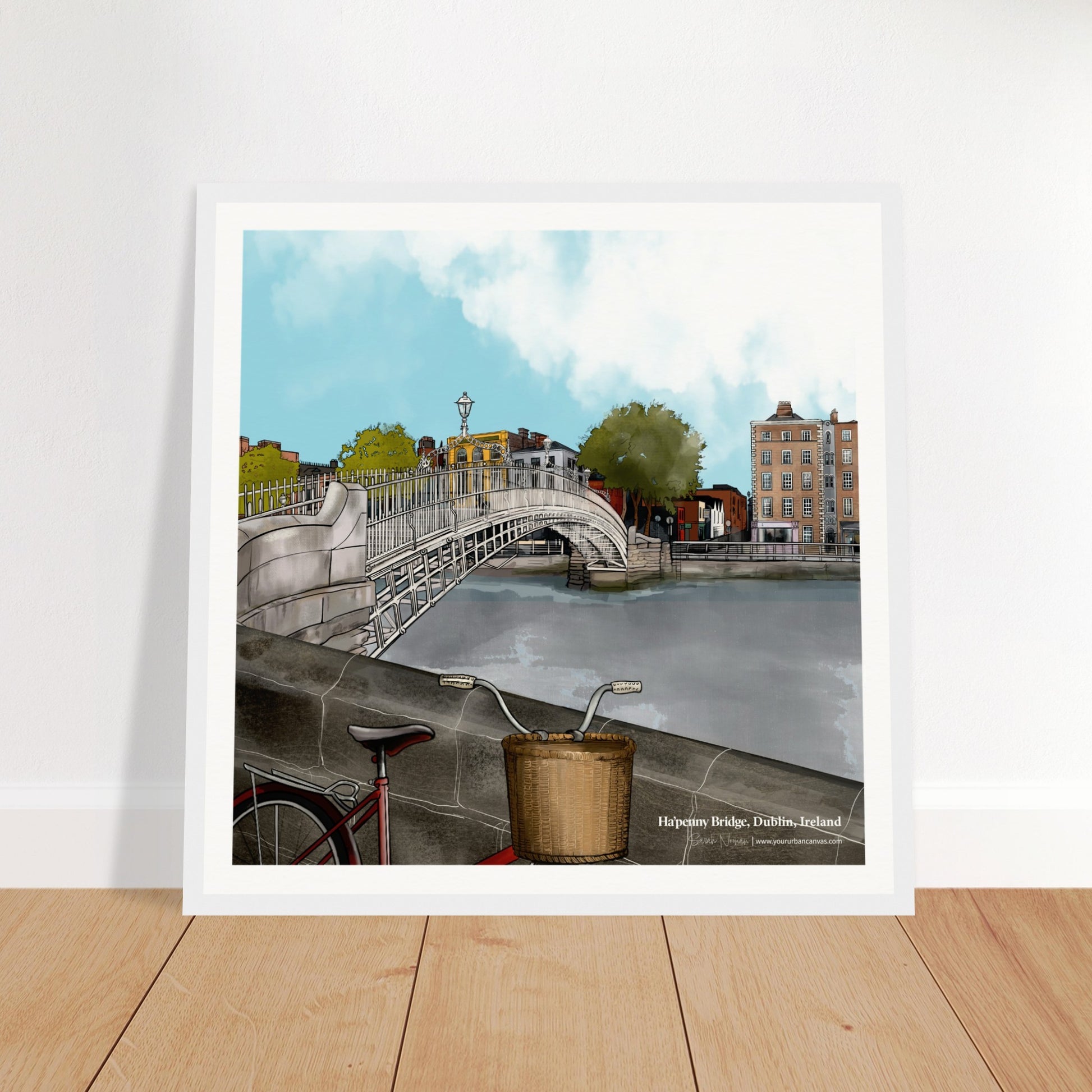 40x40cm Ha'penny Bridge Dublin print framed in white. Modern Irish cityscape art for your home, inspired by Dublin's architectural heritage.