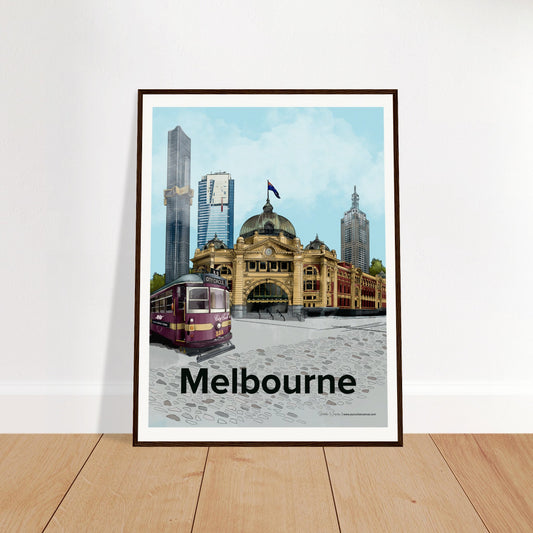 Melbourne - Bold Typography print, size 60x80cm, framed in dark wood, featuring Melbourne's iconic landmarks with intricate typography and a bold design.