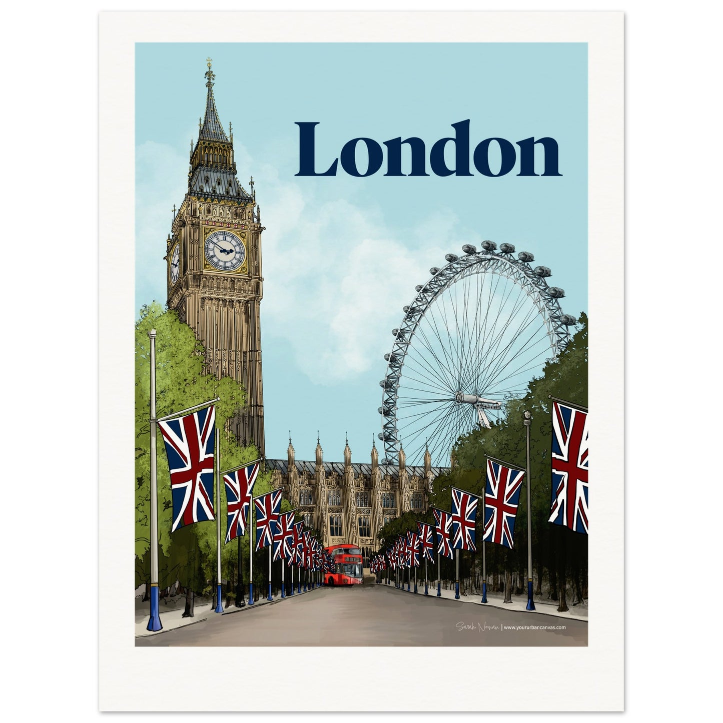 London - Personalised Bold Typography print, a custom artwork showcasing Big Ben, the London Eye, and The Mall with your chosen text.