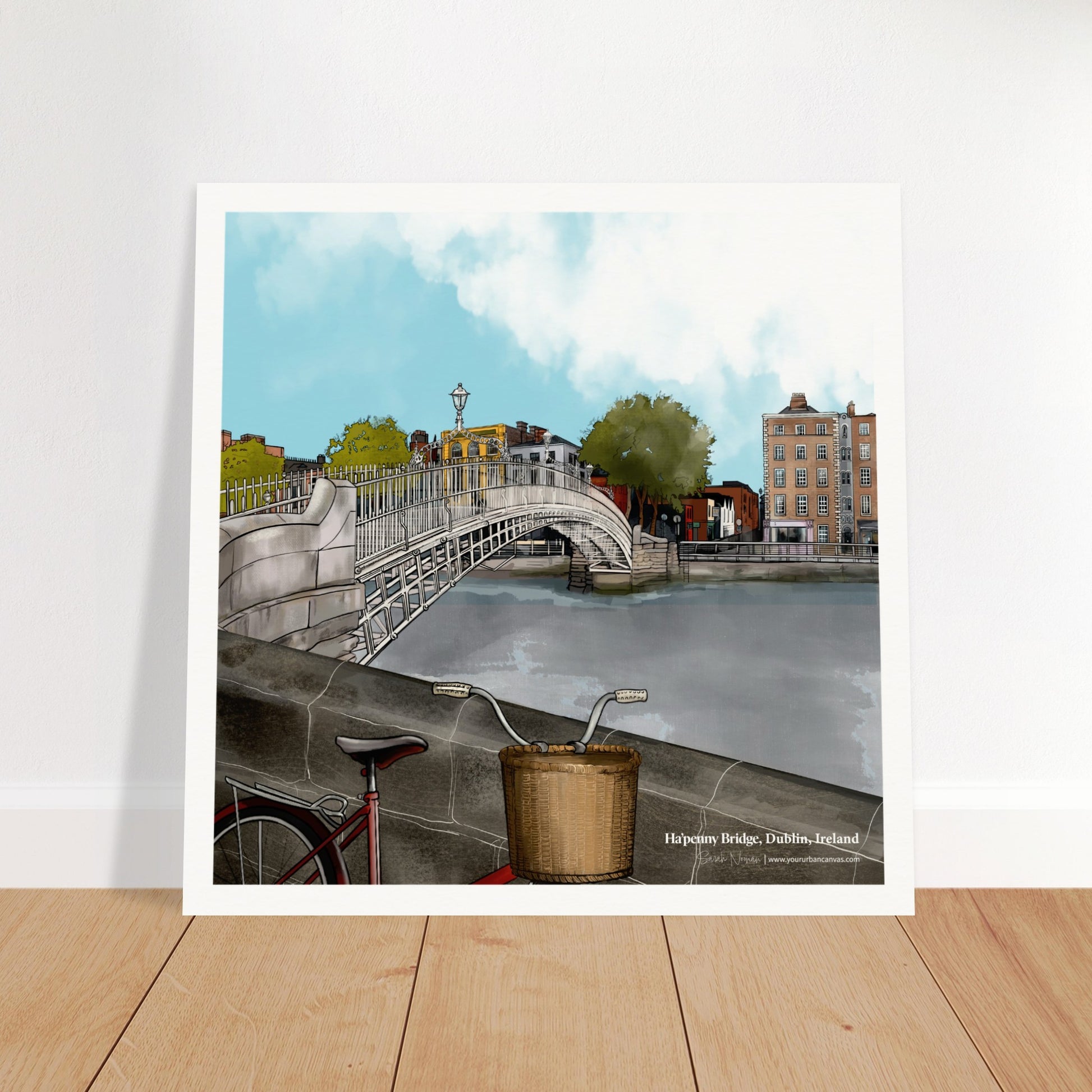 Ha'penny Bridge Dublin wall art, 40x40cm unframed print. A detailed illustration of one of Dublin's most iconic Irish landmarks. Ideal for cityscape and travel art lovers.