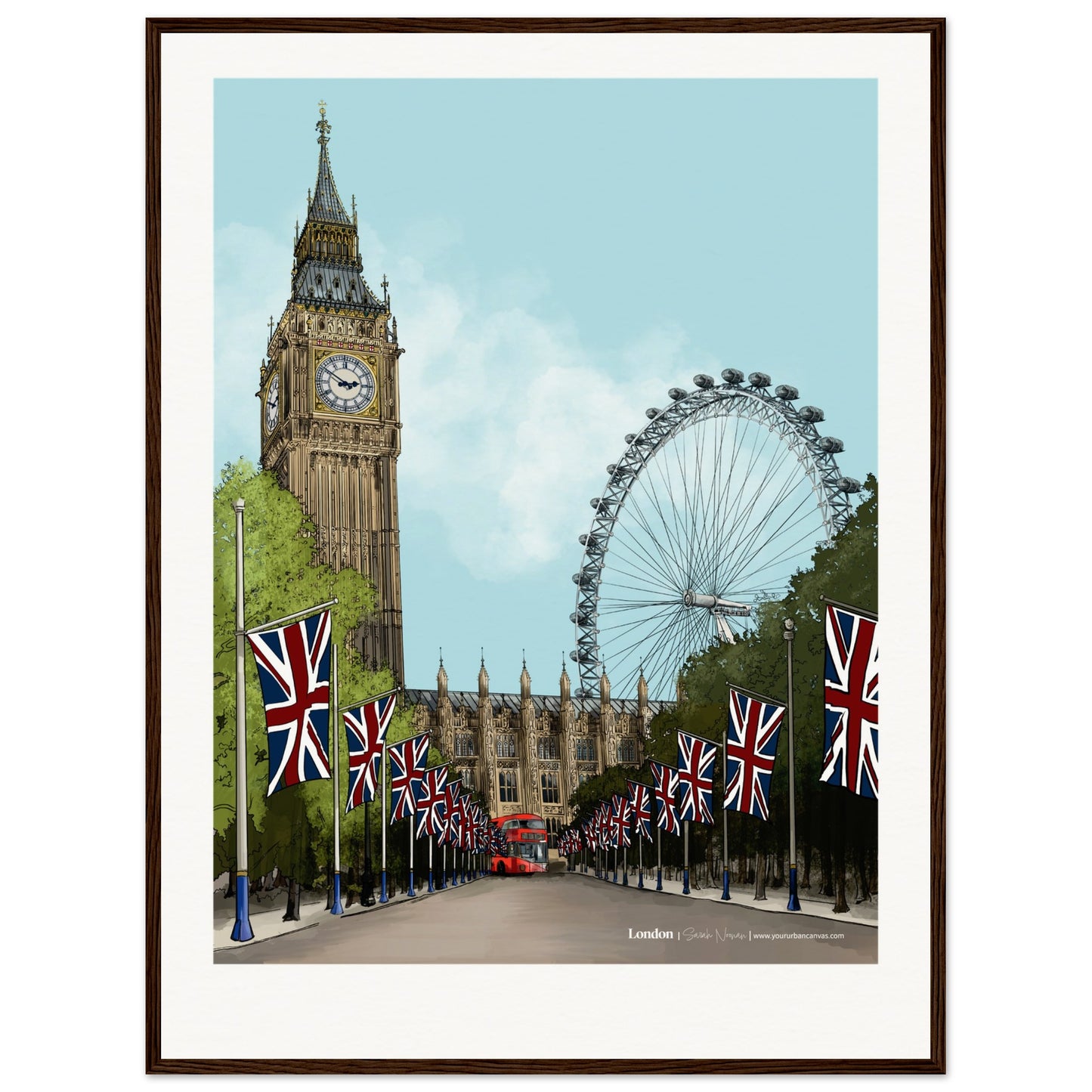 London - Personalised Subtle Title print, size 60x80cm, framed in dark wood, enhancing the elegant details of Buckingham Palace's surroundings with a personal touch.