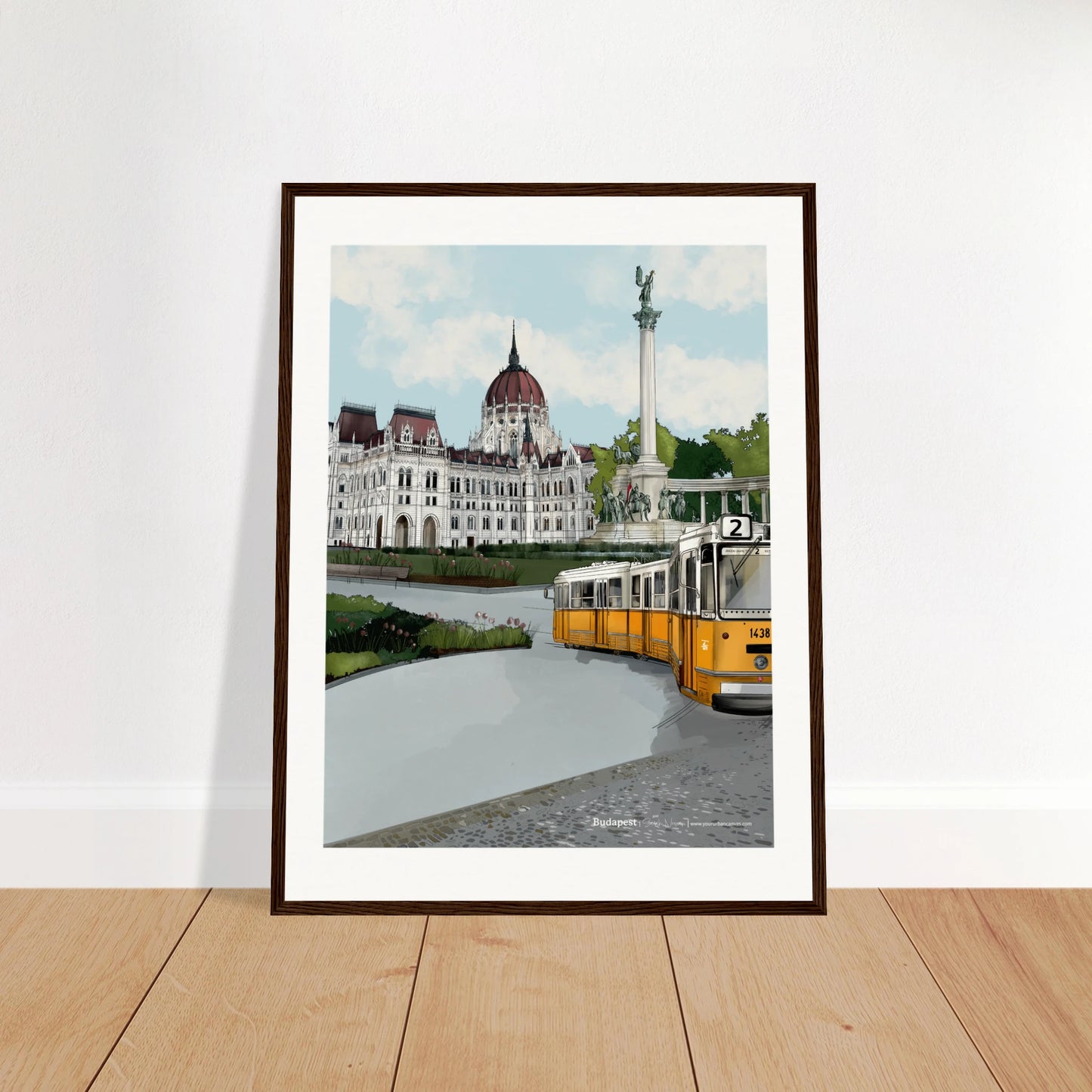 Budapest - Subtle Title print, size 45x60cm, framed in dark wood, focusing on Budapest's rich history, with the Parliament, Heroes' Square, and the yellow tram rolling along cobblestone streets