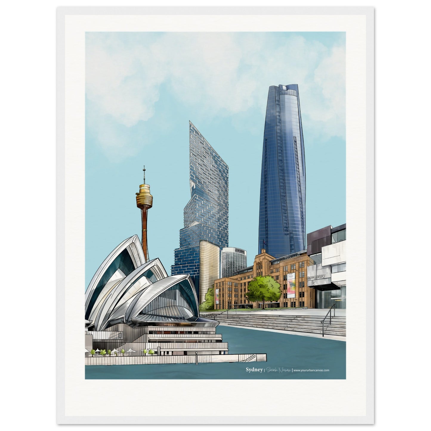 Sydney - Personalised Subtle Title print, size 45x60cm, framed in white, highlighting Sydney's stunning waterfront landmarks with a bespoke inscription.