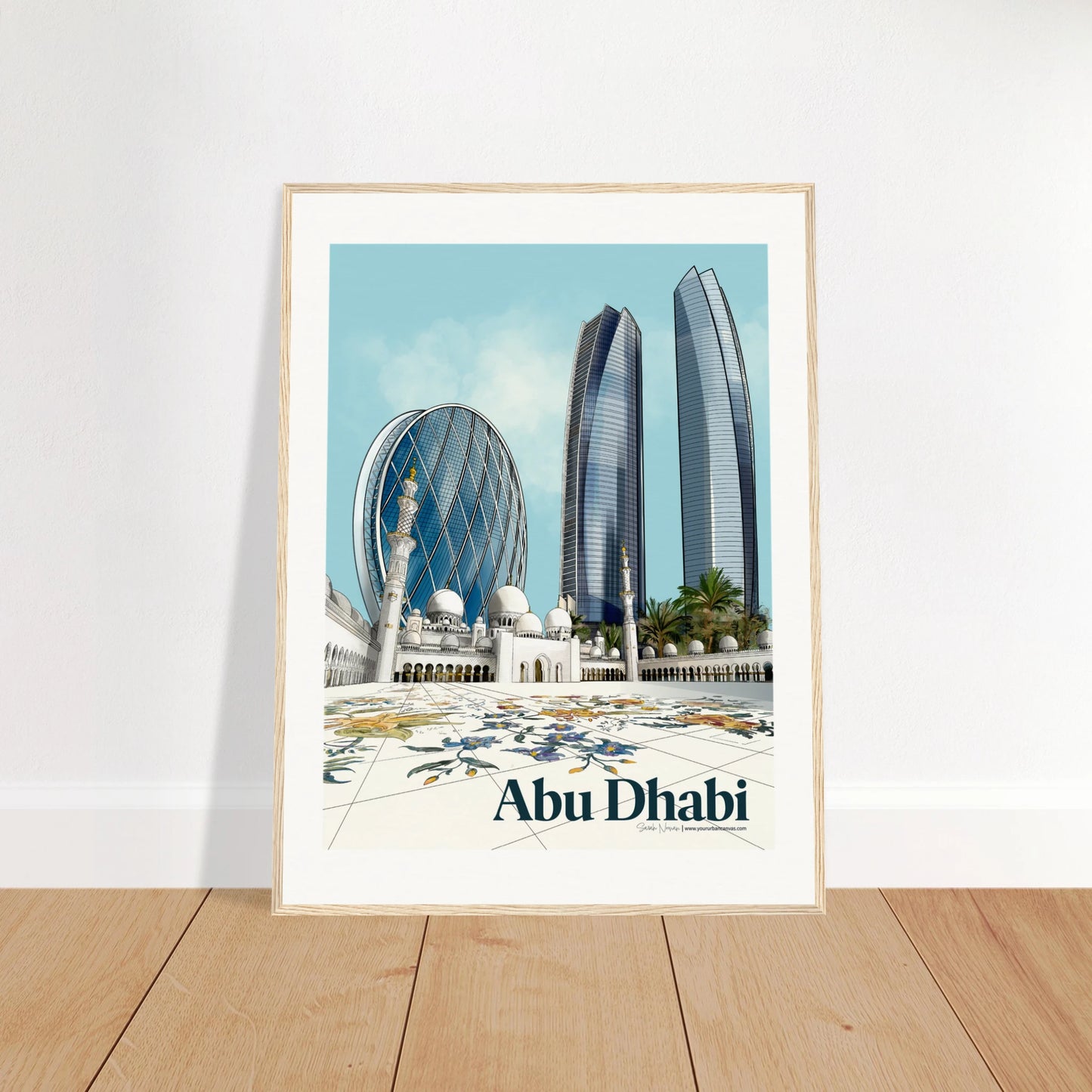Abu Dhabi - Elegant Subtle Titled city print, 30x40cm with natural wood frame - featuring Sheikh Zayed Mosque, Aldar HQ, and Etihad Towers - wall art by Your Urban Canvas