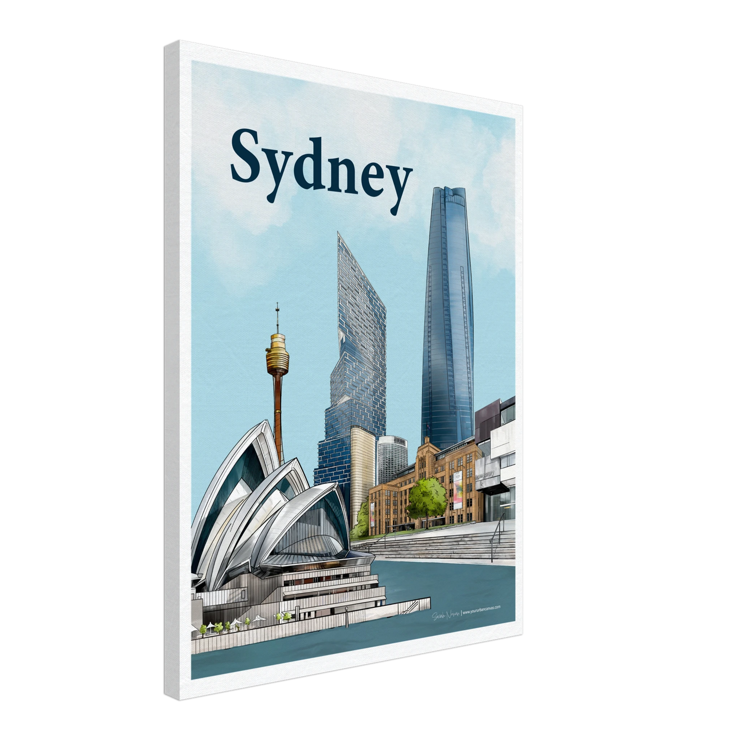 Sydney - Bold Typography canvas, size 45x60cm, displaying a vibrant Sydney skyline with the Opera House, MCA, and Harbour.