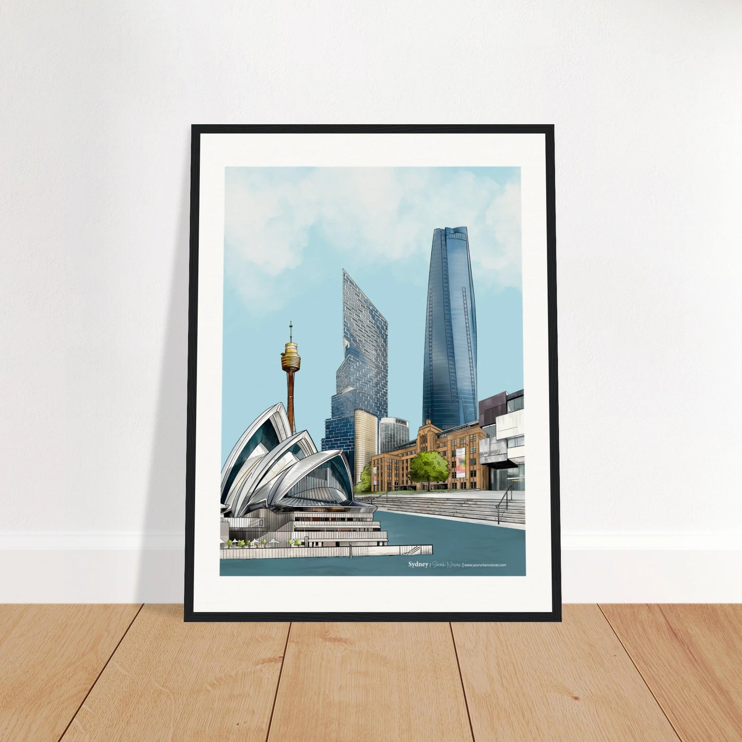Sydney - Subtle Title print, size 60x80cm, framed in black, emphasizing the intricate elements of Sydney's dynamic cityscape.