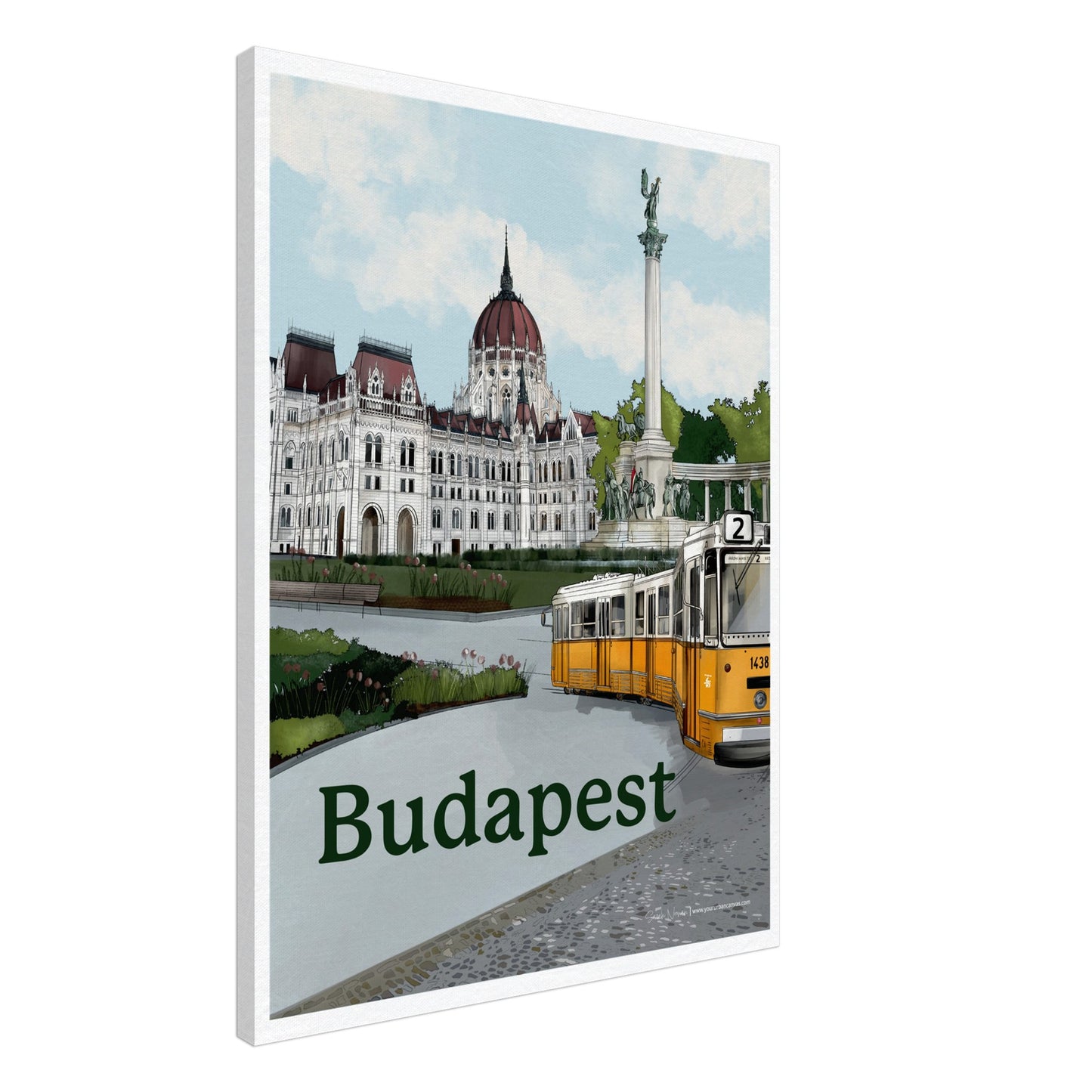 Budapest - Bold Typography on canvas, size 60x80cm, celebrating the beauty of Budapest with bold text and key landmarks, including the Parliament, Heroes' Square, and the yellow tram.