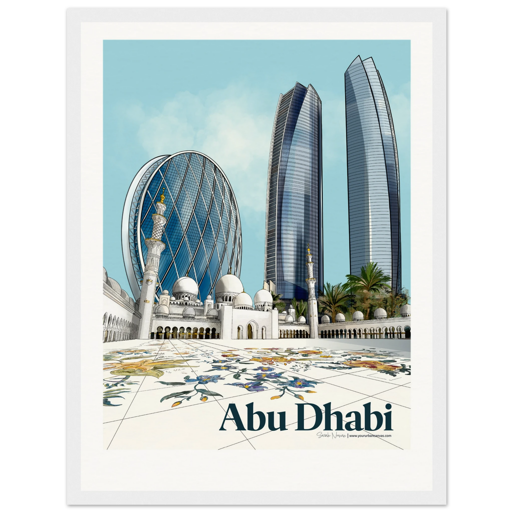 Abu Dhabi - Personalise this Elegant Bold Typography city print, 30x40cm in white frame, mosque courtyard, Aldar building. Add your message to make it special.