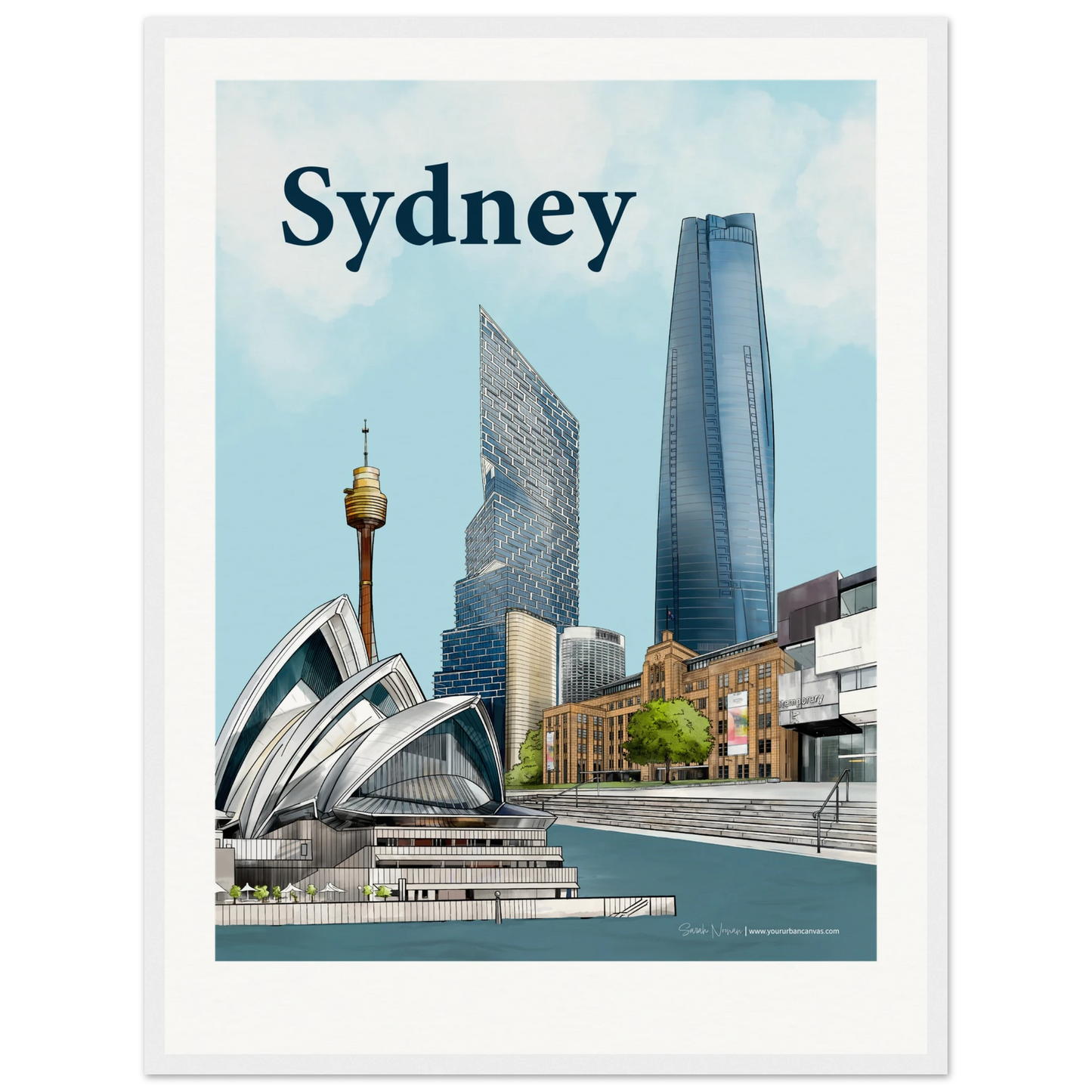 Add your message -Sydney - Bold Typography print, size 45x60cm, framed in white wood, capturing Sydney's architectural beauty with the Opera House, MCA, Sydney Harbour, and a contemporary skyline.