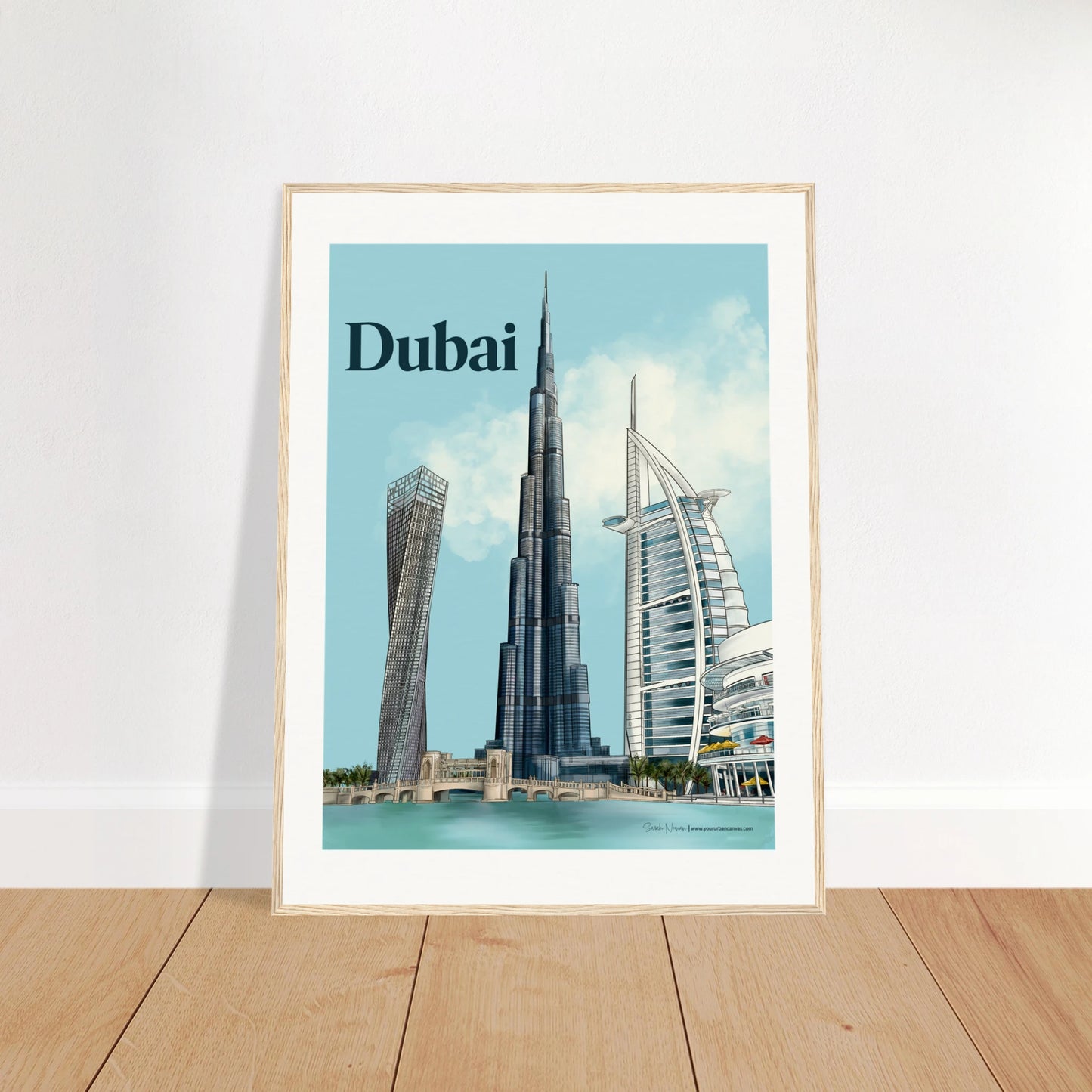 Dubai - Bold Typography city print,60x80cm with natural wood frame - vibrant depiction of Burj Khalifa, Burj Al Arab, Cayan Tower, and Dubai Mall. Adds warmth and bold elegance to any wall.