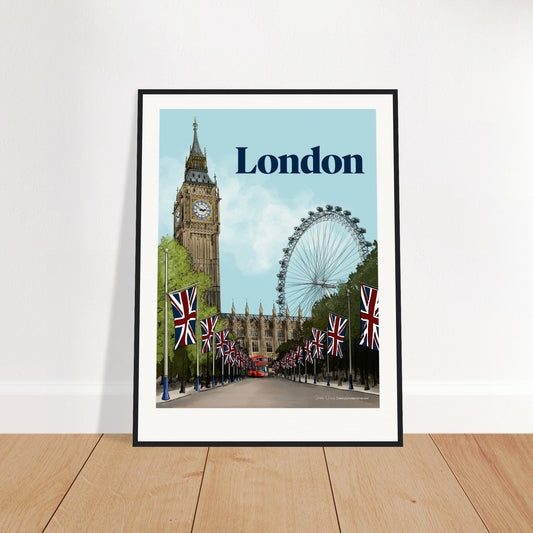 London - Bold Typography print, size 60x80cm, framed in black wood, featuring striking font with iconic London landmarks like Buckingham Palace's tree-lined Mall with rows of the British Flag. 