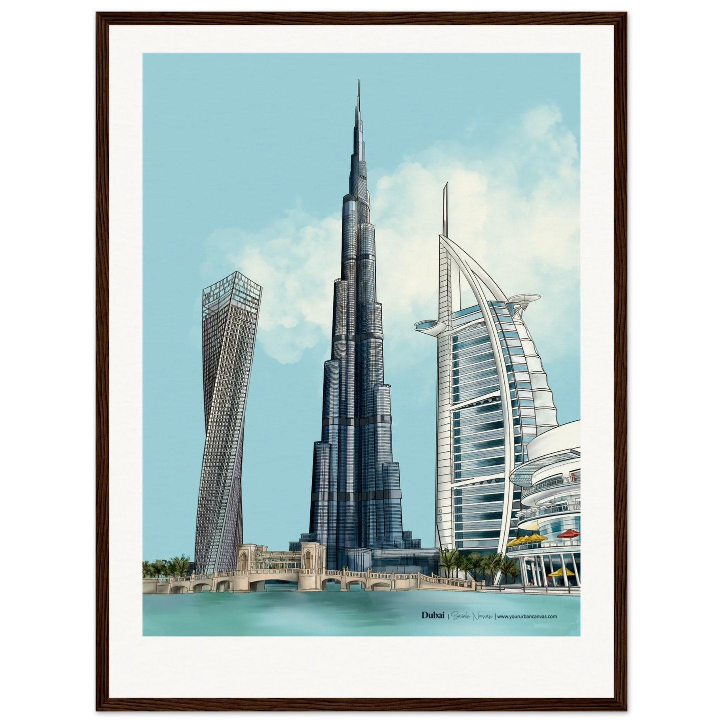 Personalised Dubai subtle typography city print, 45x60cm with dark wood frame - gentle architectural detailing of Dubai's skyline, including Burj Khalifa and Burj Al Arab, paired with custom wording for a timeless, elegant wall art piece.