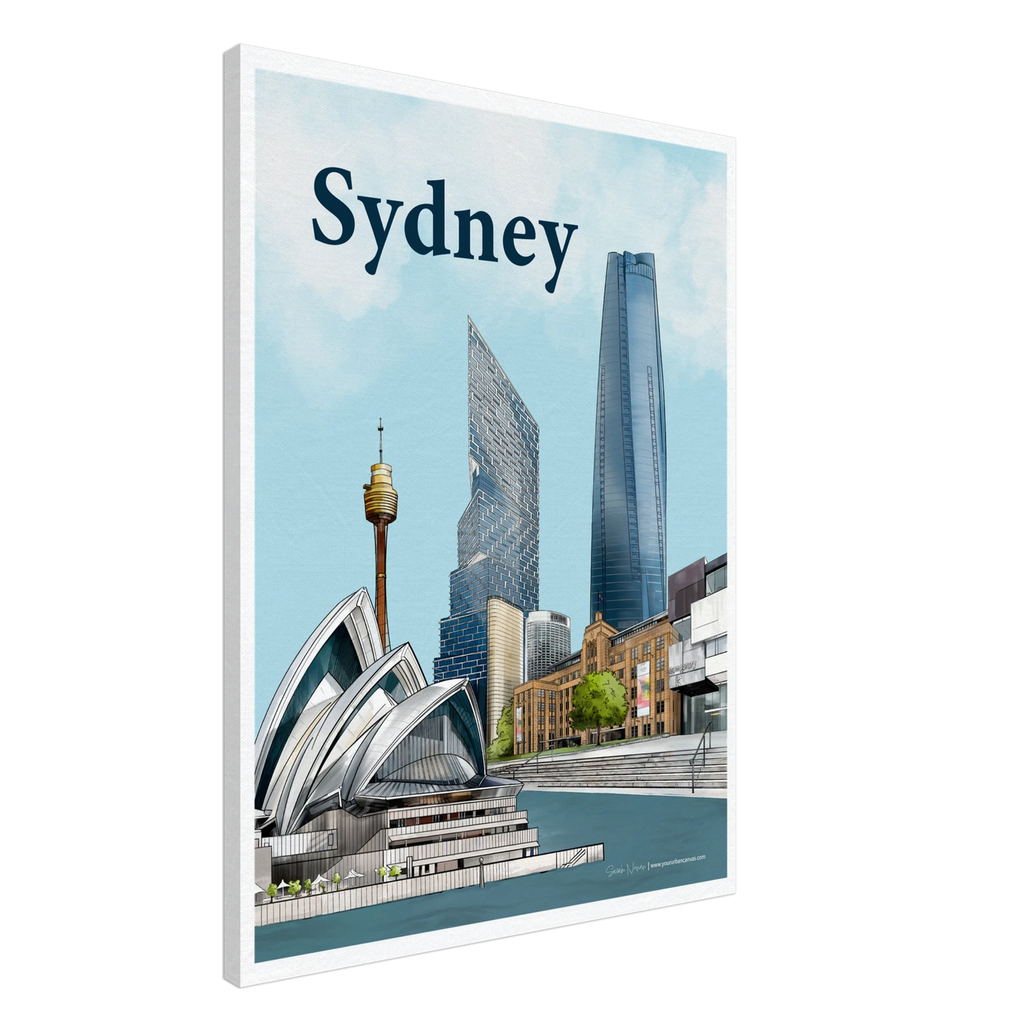 Sydney - Bold Typography canvas, size 60x80cm, featuring the Opera House, MCA, Sydney Harbour, and the city's skyline.