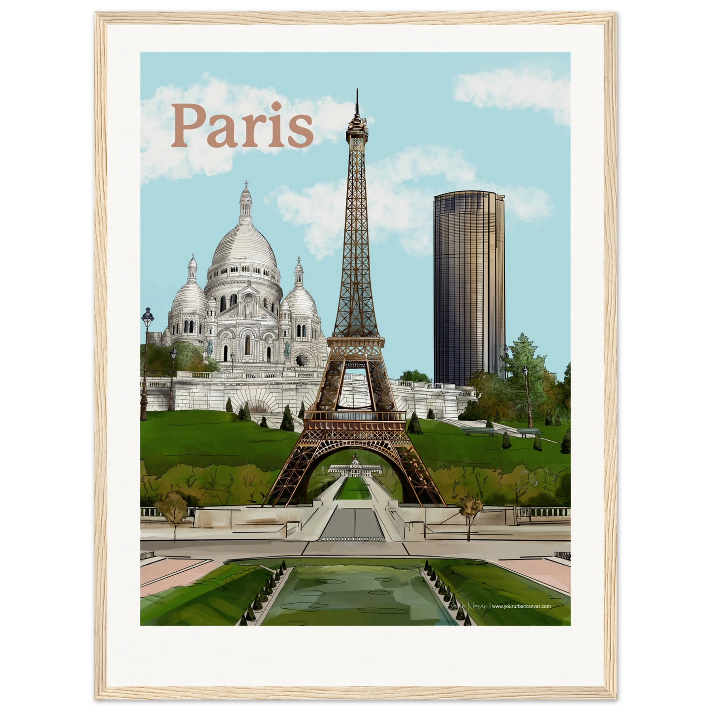 Paris - Customise your Bold Typography city print, 45x60cm,  with natural wood frame - featuring the Eiffel Tower, Sacre-Coeur, and Tour Montparnasse. The warm wooden frame complements the vibrant cityscape, bringing Paris into your living space.