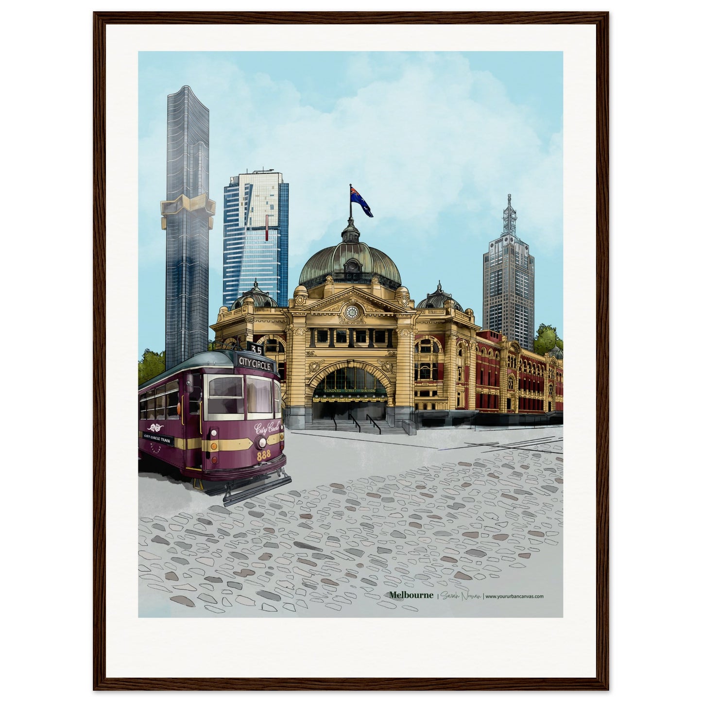 Melbourne - Personalised Subtle Title print, size 45x60cm, framed in dark wood, highlighting the city's stunning skyline and historic landmarks, made uniquely yours.