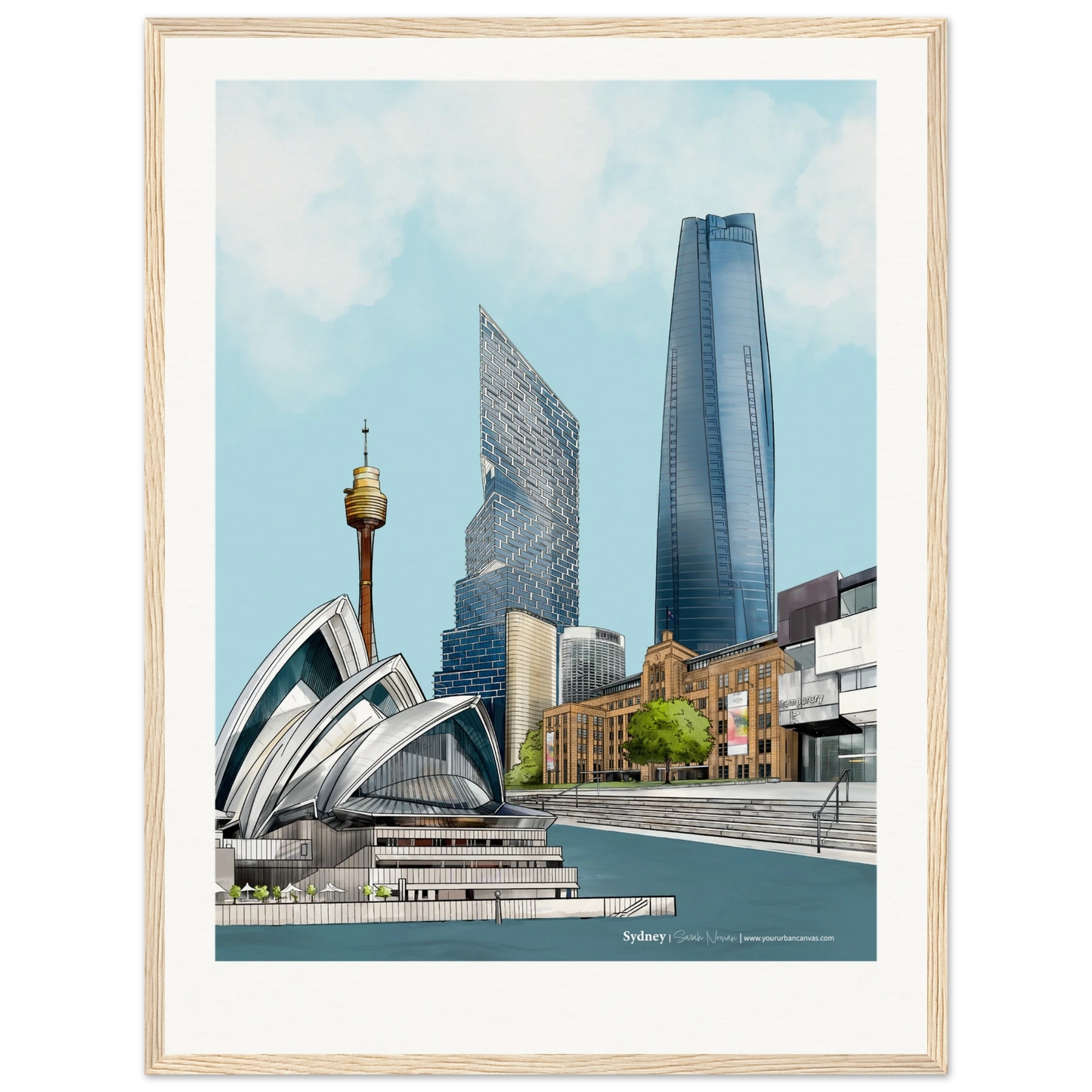 Sydney - Add a message to your 45x60cm Sydney Cityscape, framed in wood, capturing the elegance of Sydney's architecture with One Barangaroo and the Sydney Opera House.