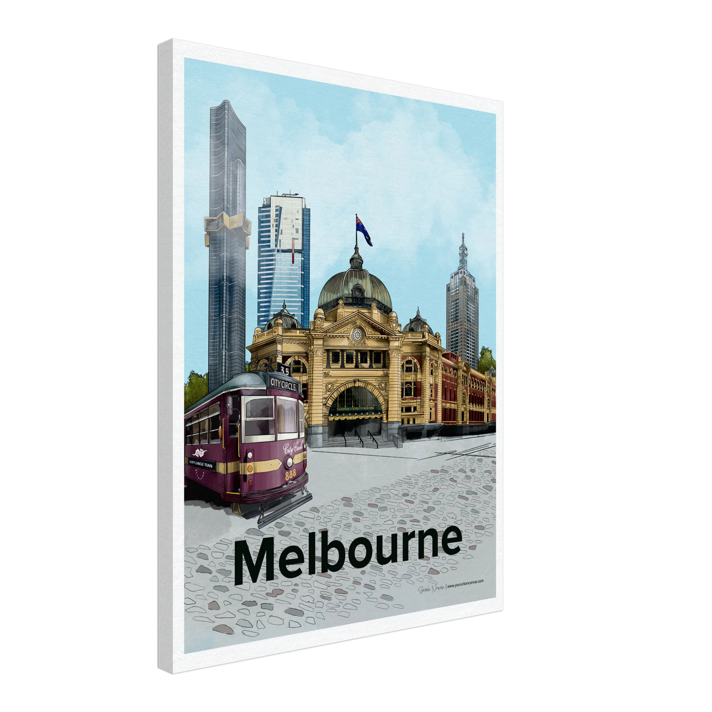 Melbourne - Bold Typography canvas, size 45x60cm, depicting Melbourne's urban energy with the City Circle Tram, Flinders Street Station, and modern high-rises.