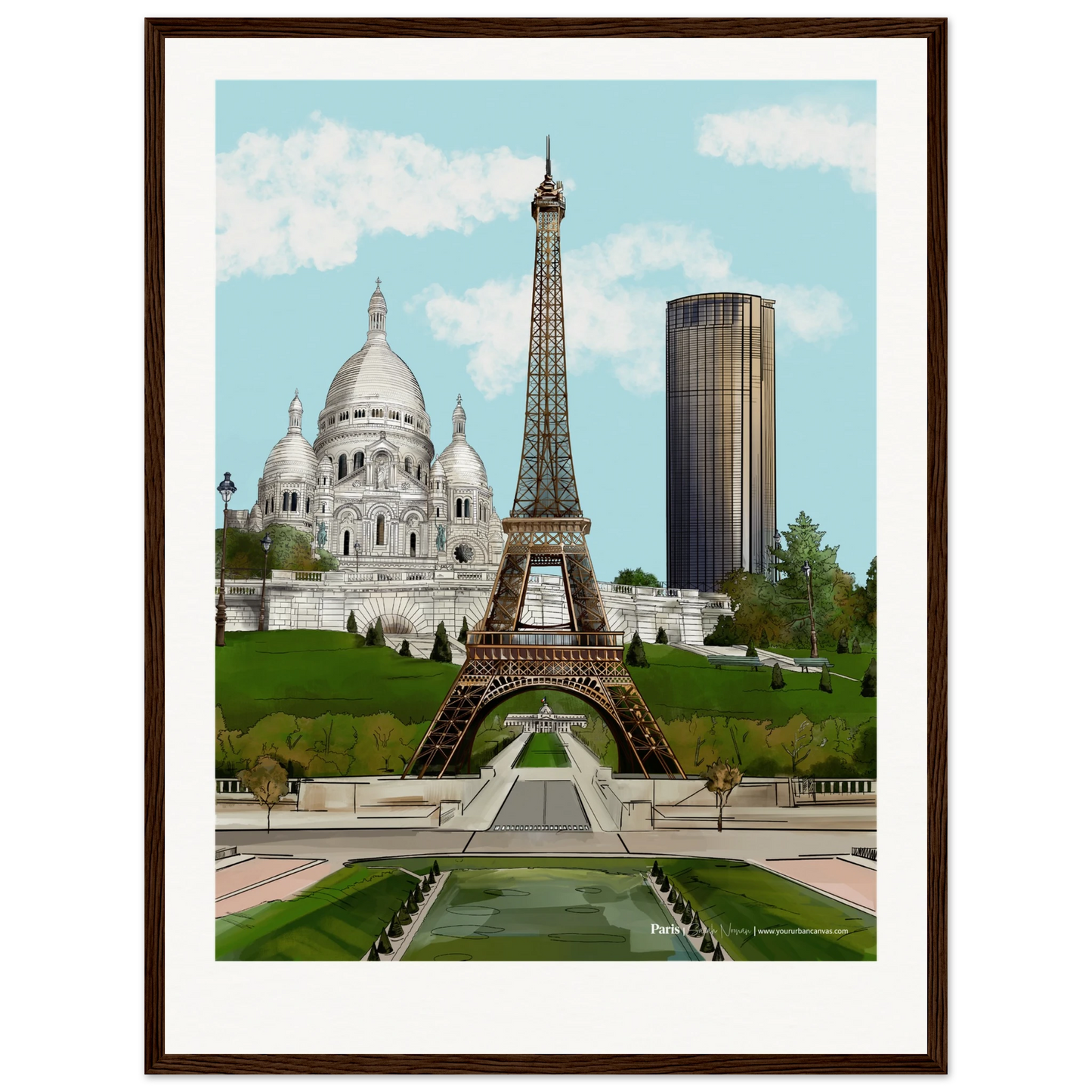 Paris - Personalise your Subtle Titled city print,  45x60cm with dark wood frame - featuring the Eiffel Tower, Sacre-Coeur, and Tour Montparnasse in muted, sophisticated tones. A refined wall art piece that blends iconic landmarks with understated elegance.