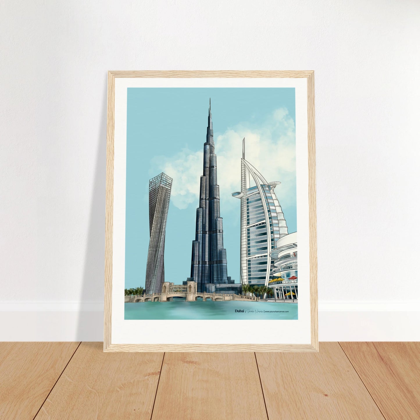 Dubai - Subtle Typography city print, 30x40cm with natural wood frame - featuring Burj Khalifa, Burj Al Arab, Cayan Tower, and Dubai Mall. Warm framing complements the subtle elegance of Dubai's skyline.