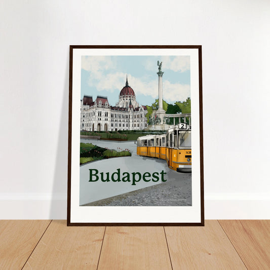 Budapest - Bold Typography print, size 45x60cm, framed in dark wood, with a striking design showcasing the Parliament, Heroes' Square, and Budapest's iconic yellow tram.