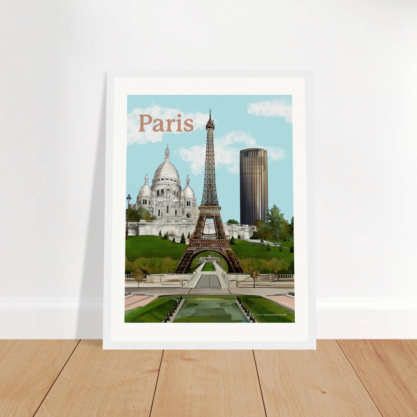 Paris - Bold Typography city print, 30x40cm with white frame - showcasing the prominent structure and beams of the Eiffel Tower, the historical  Sacre-Coeur, and the modern Tour Montparnasse. Perfect for brightening walls with Parisian elegance.
