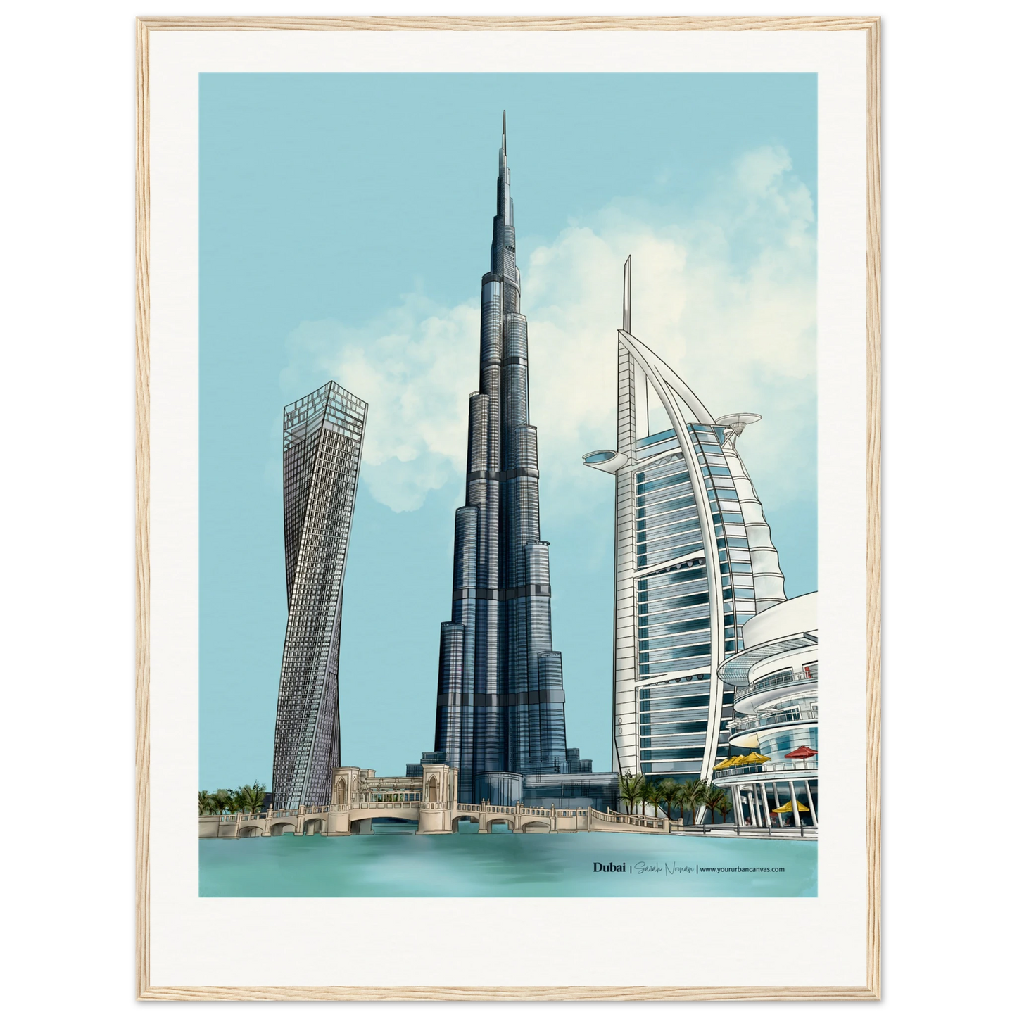 Personalised Dubai subtle typography city print, 60x80cm with natural wood frame - a softly illustrated Dubai skyline featuring Burj Khalifa, Burj Al Arab, and Cayan Tower, personalised to add warmth and quiet elegance to your space