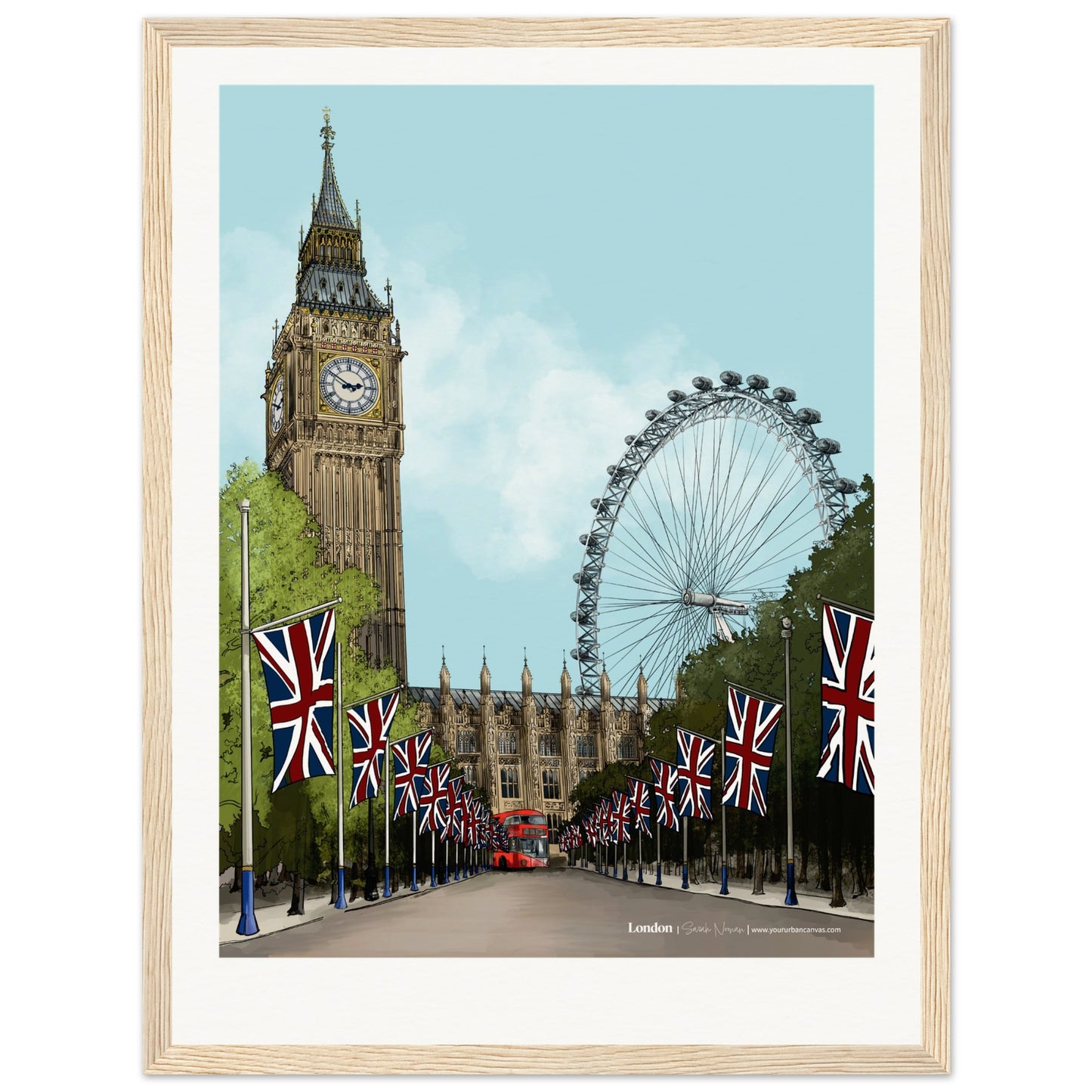 London - Personalised Subtle Title print, size 30x40cm, framed in natural wood, blending the city's historic charm with a bespoke personal message.